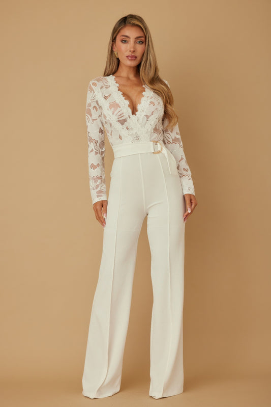 Lace crochet long sleeve jumpsuit by Toshe Women's Fashions featuring intricate lace details and a fitted silhouette.