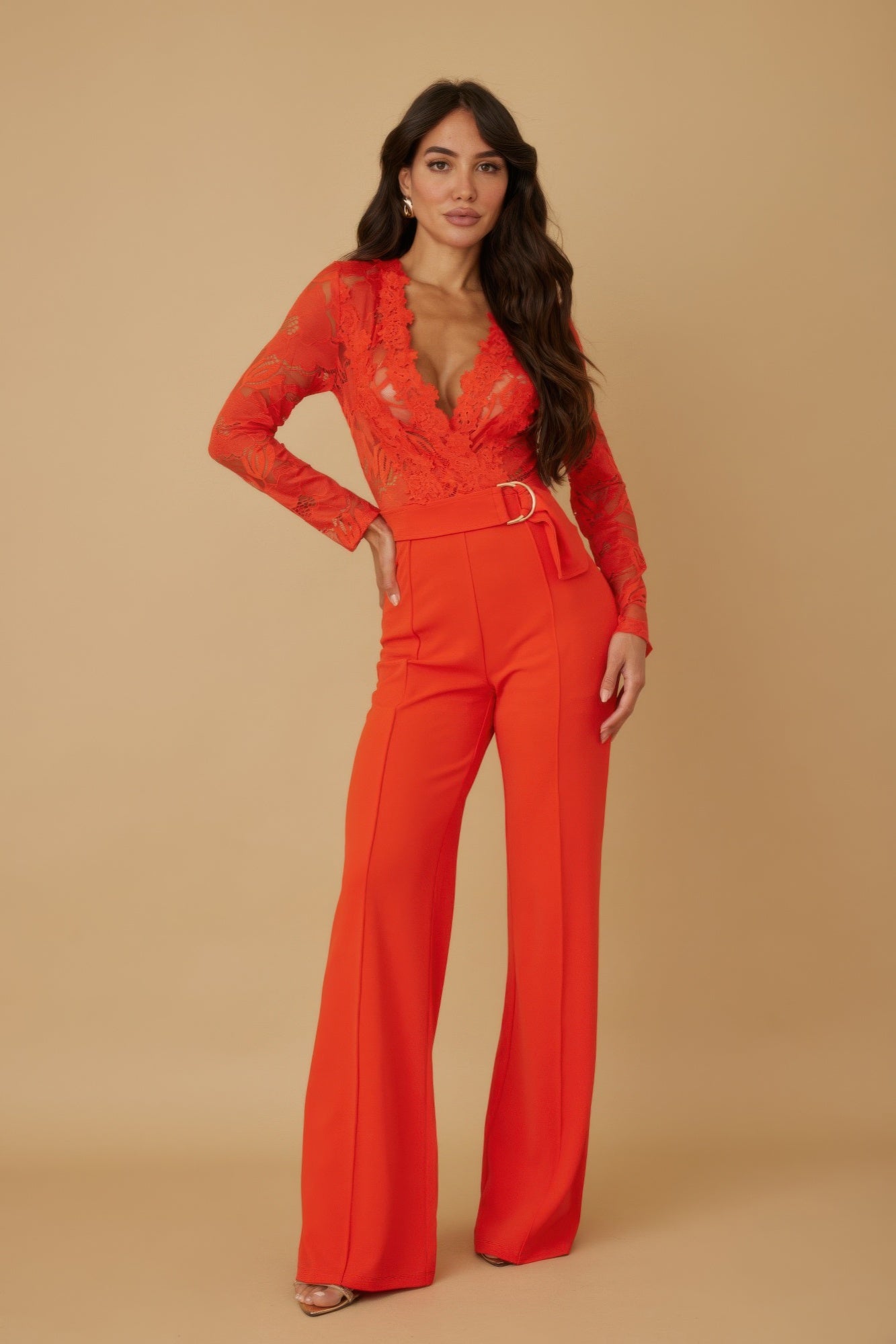 Lace crochet long sleeve jumpsuit from Toshe Women's Fashions featuring intricate lace details and a fitted silhouette.