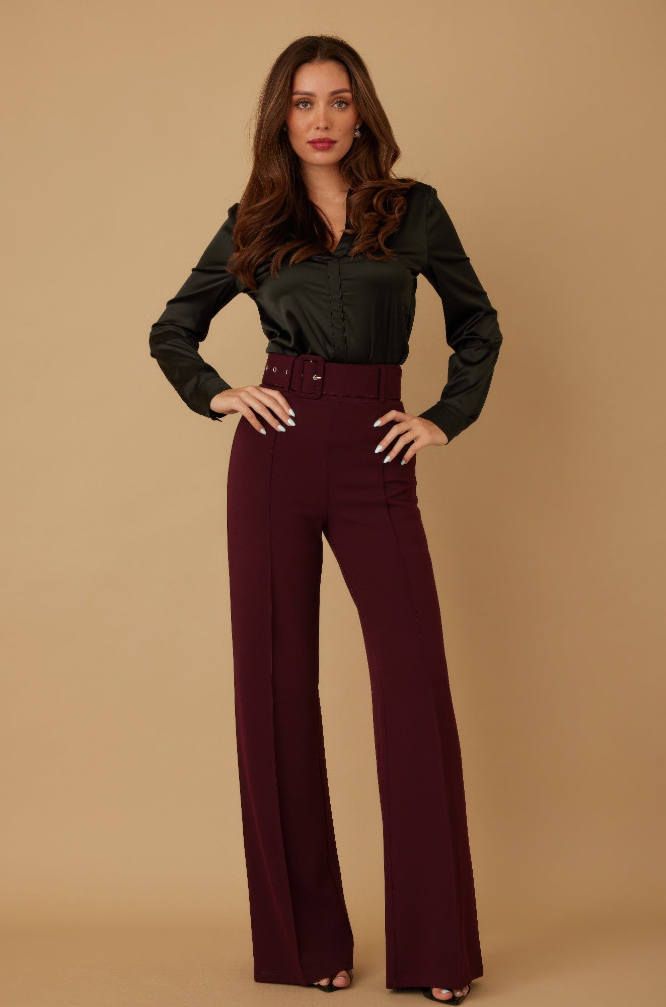 High waist pants with buckle belt from Toshe Women's Fashions, shown in black with a fitted silhouette.
