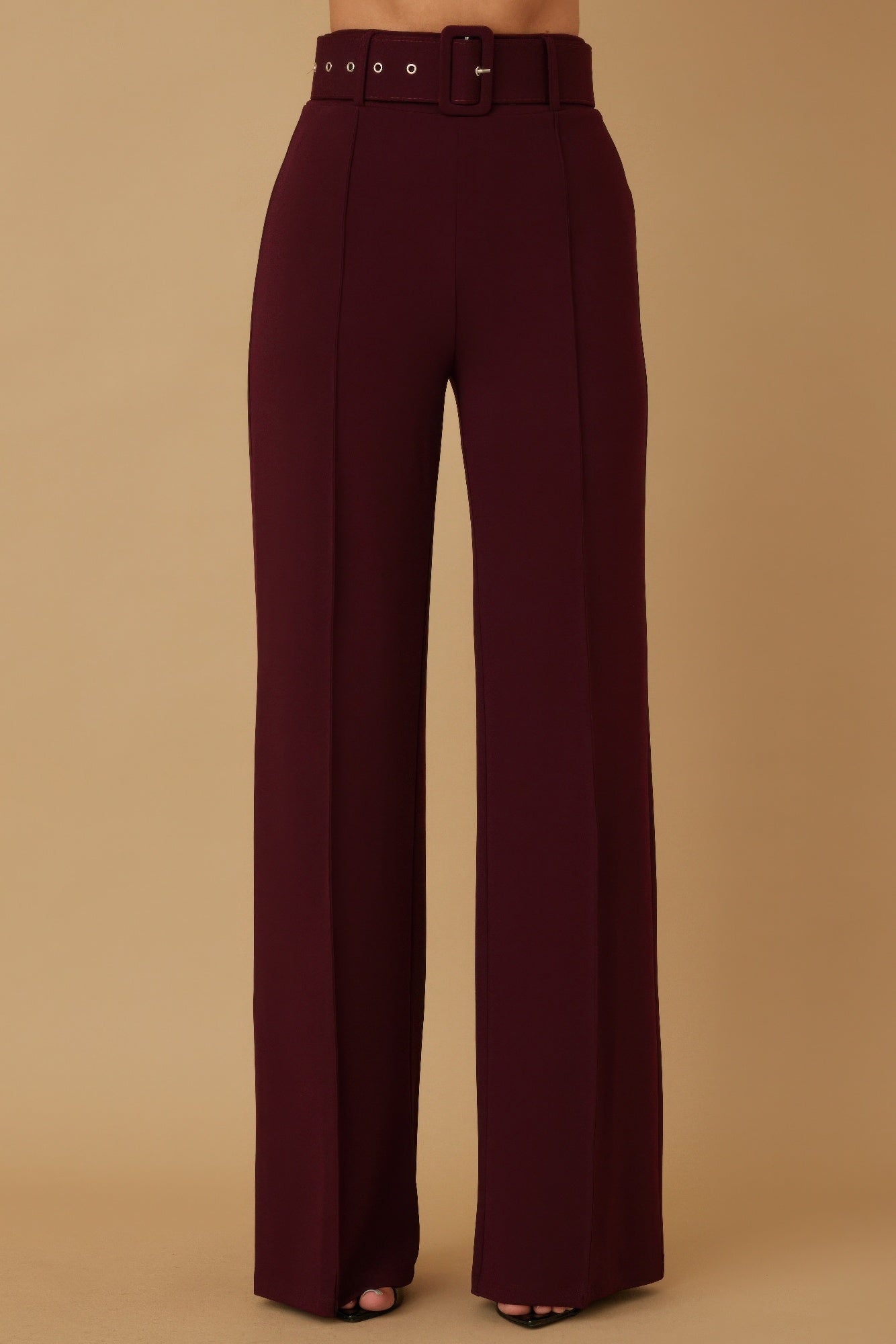 High waist pants with buckle belt from Toshe Women's Fashions, shown in a stylish and fitted design.