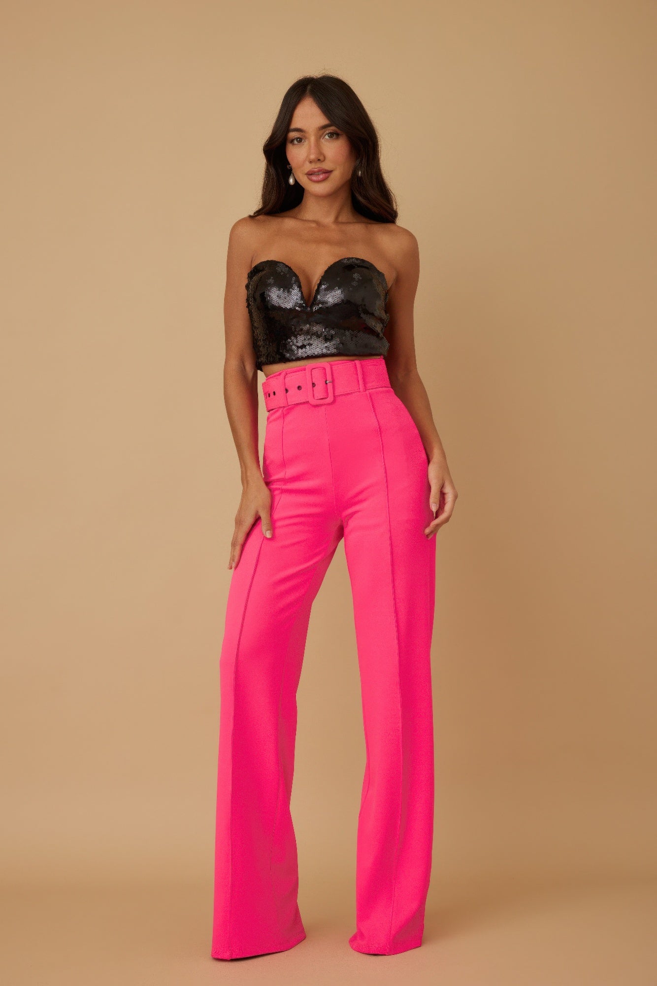 High waist pants with buckle belt from Toshe Women's Fashions, featuring a stylish fit and modern design.