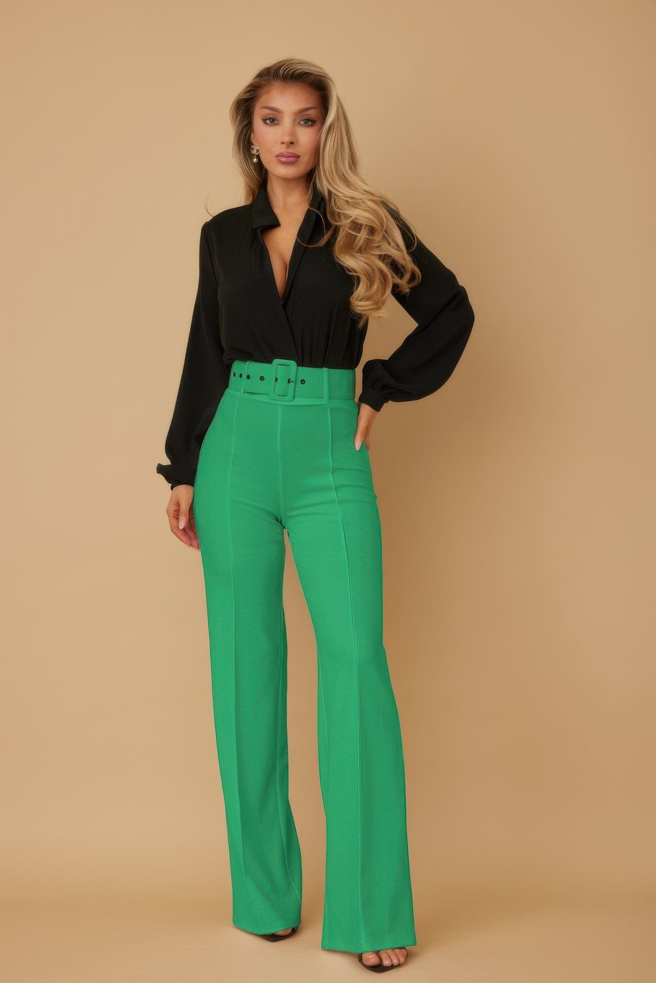 Black high waist pants with a buckle belt from Toshe Women's Fashions, shown on a mannequin.