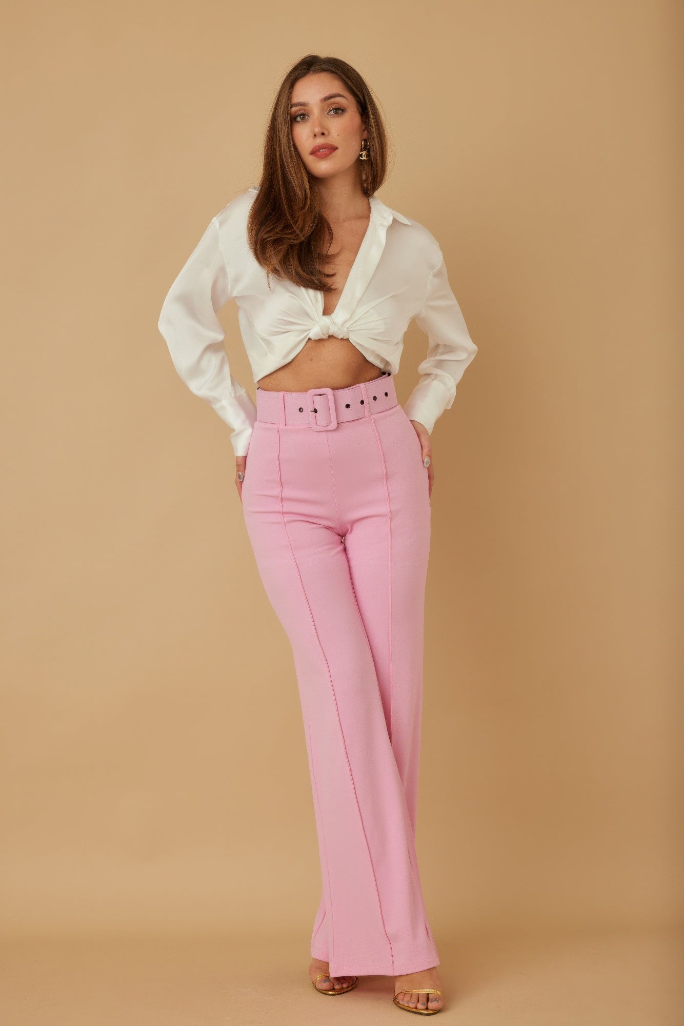 High waist pants with buckle belt from Toshe Women's Fashions, shown in a stylish fit with a front view.