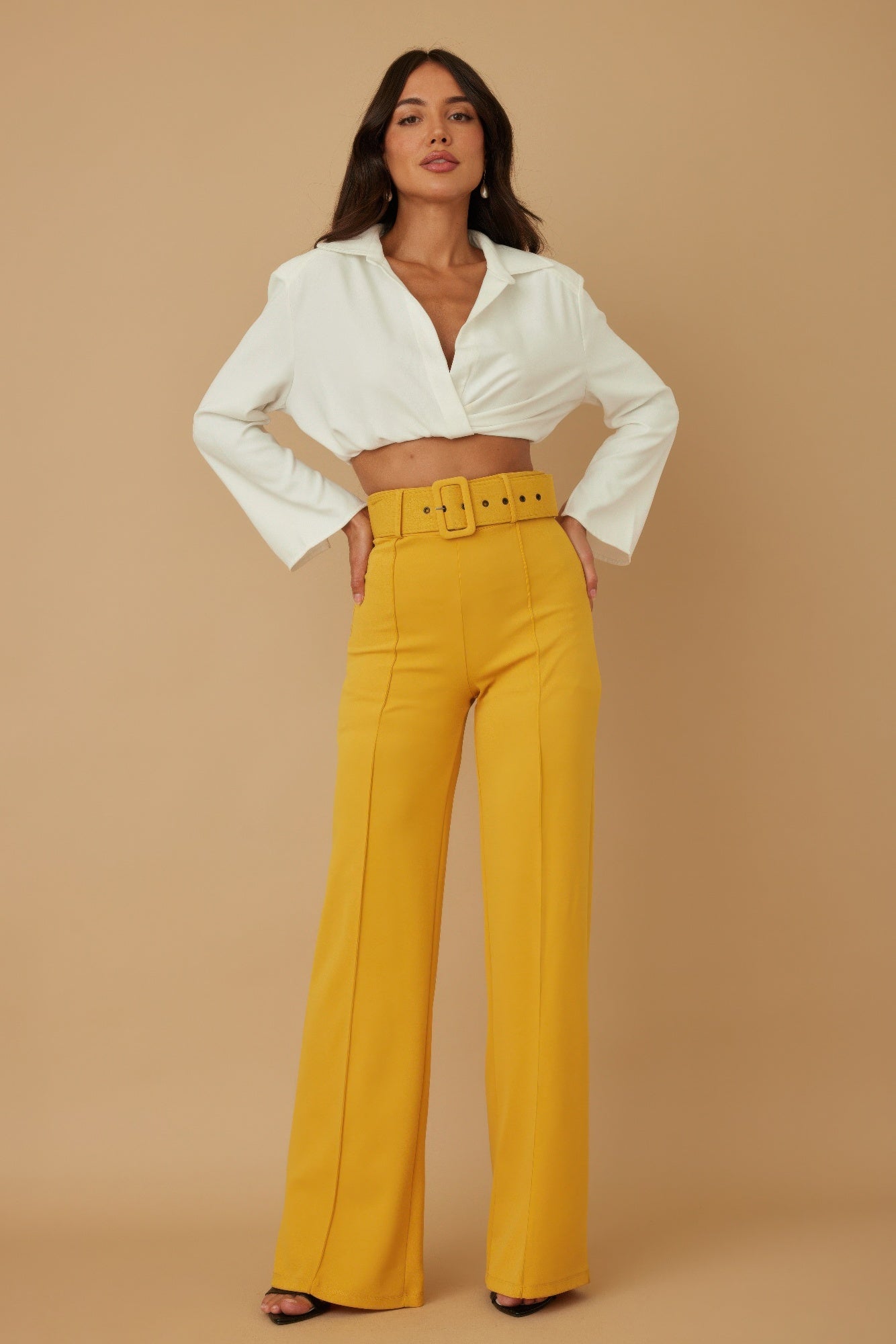 High waist pants with buckle belt from Toshe Women's Fashions, featuring a sleek fit and stylish design.