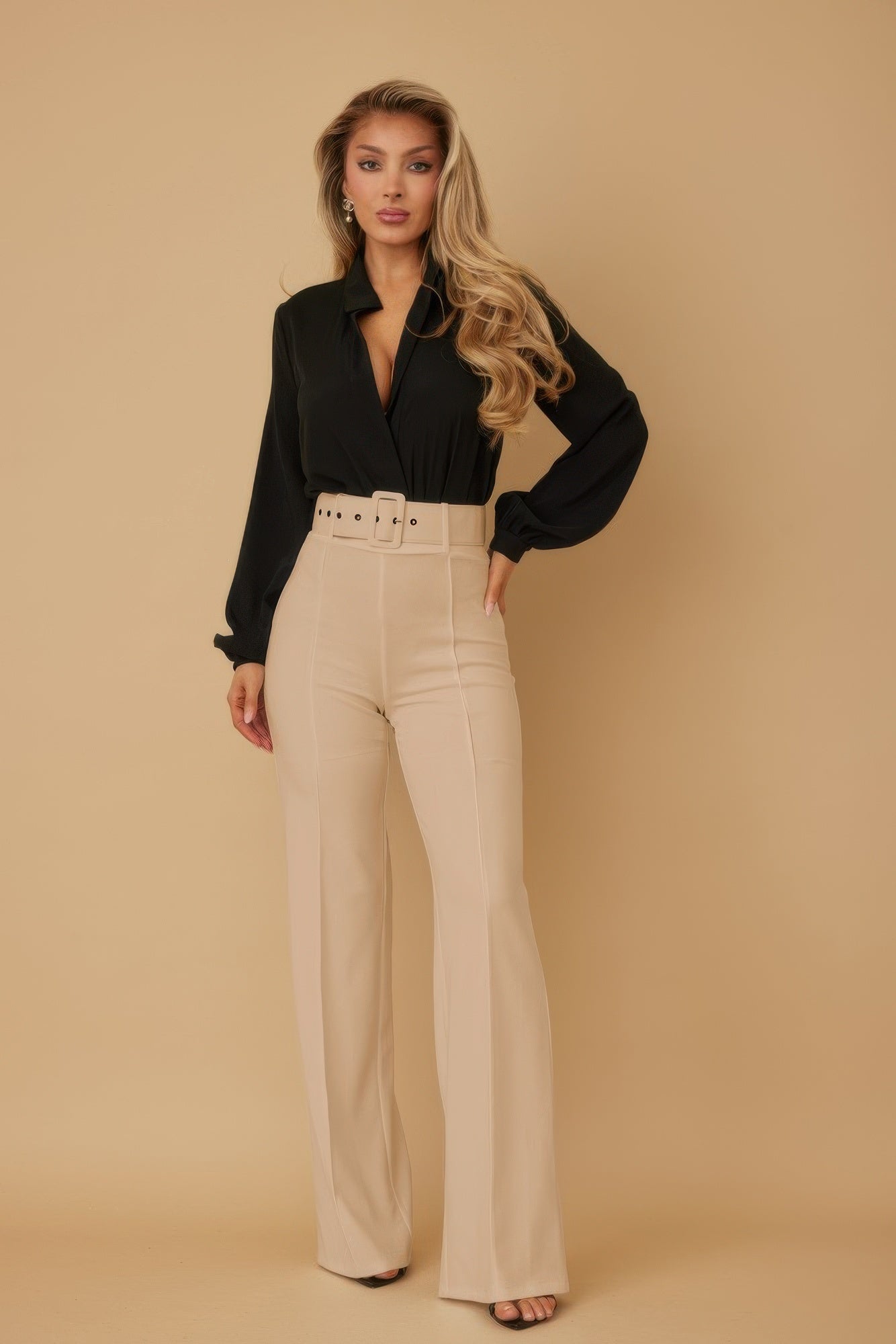 High waist pants with buckle belt from Toshe Women's Fashions, shown in a stylish fit and design.