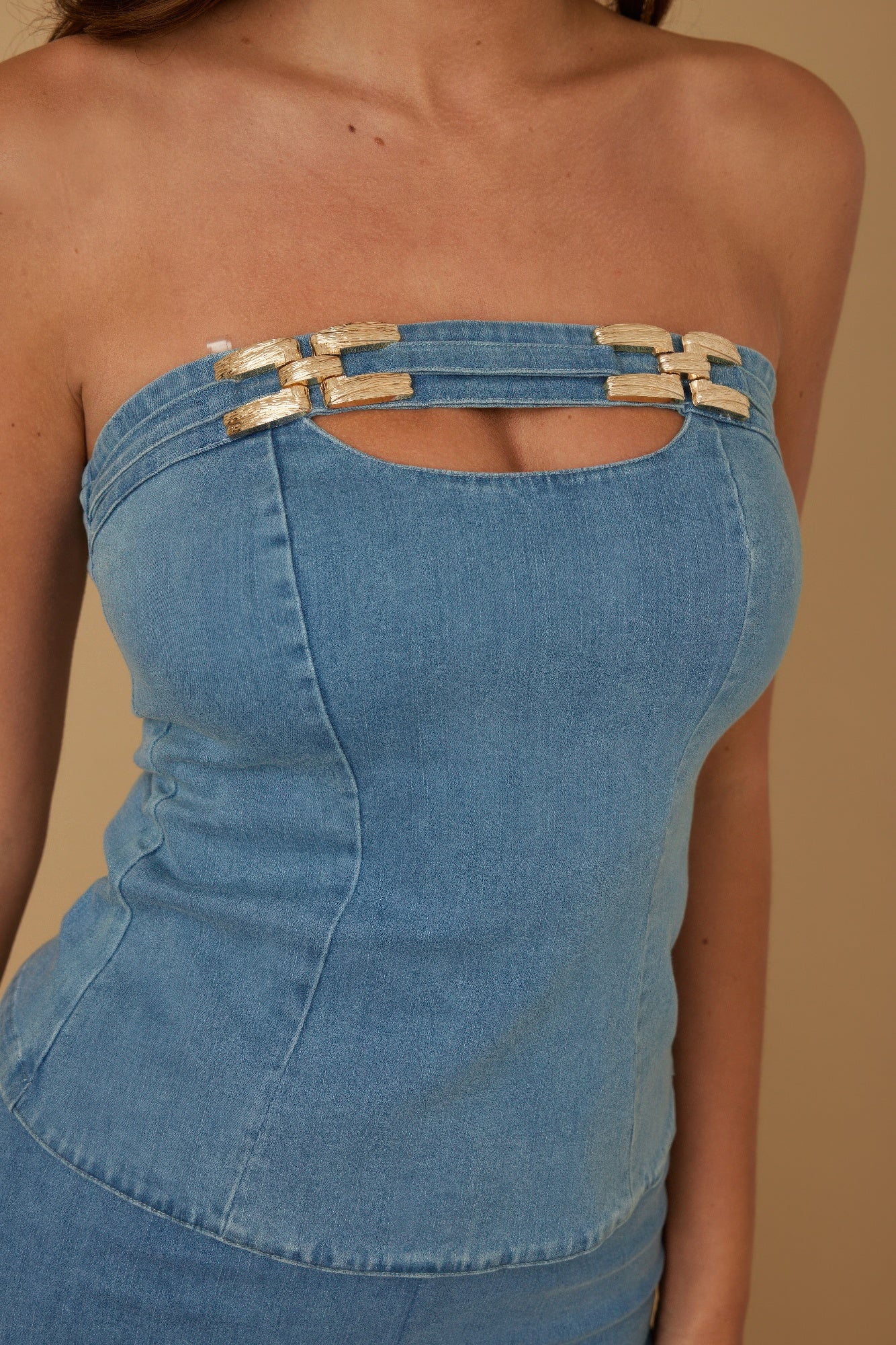 Denim-ish gold accent top and pants set for women by Toshe Women's Fashions, featuring a stylish matching denim-inspired outfit.