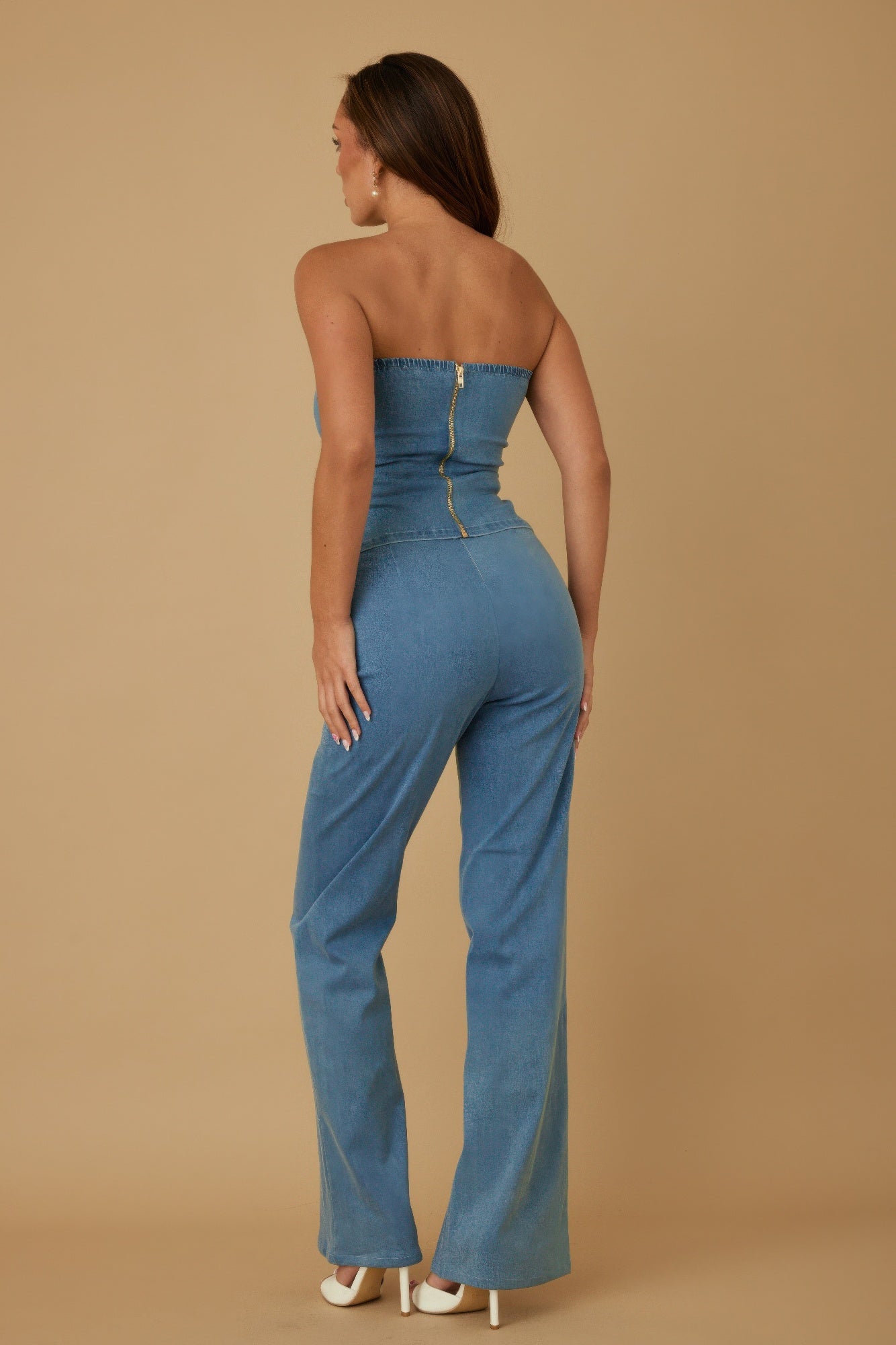 Denim-ish gold accent top and pants set for women by Toshe Women's Fashions, featuring a stylish casual outfit.