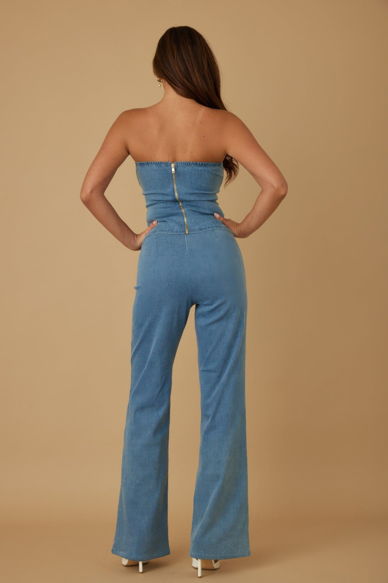 Denim-ish gold accent top and pants set for women by Toshe Women's Fashions, featuring coordinated casual denim-inspired outfit.
