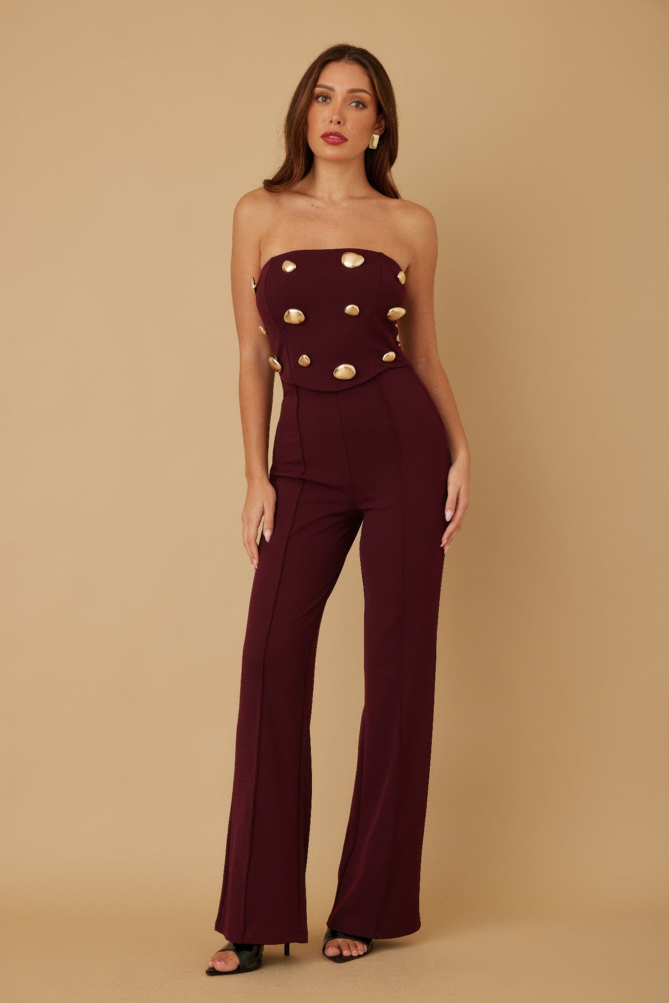 Multi flat mirror stone jumpsuit by Toshe Women's Fashions, featuring a stylish jumpsuit with reflective mirror stones.