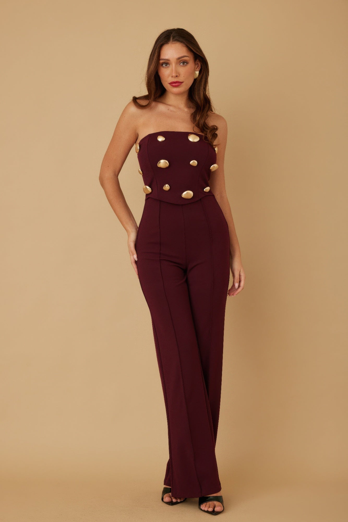 Toshe Women's Fashions Multi Flat Mirror Stone Jumpsuit with colorful reflective mirror details and sleek fit.