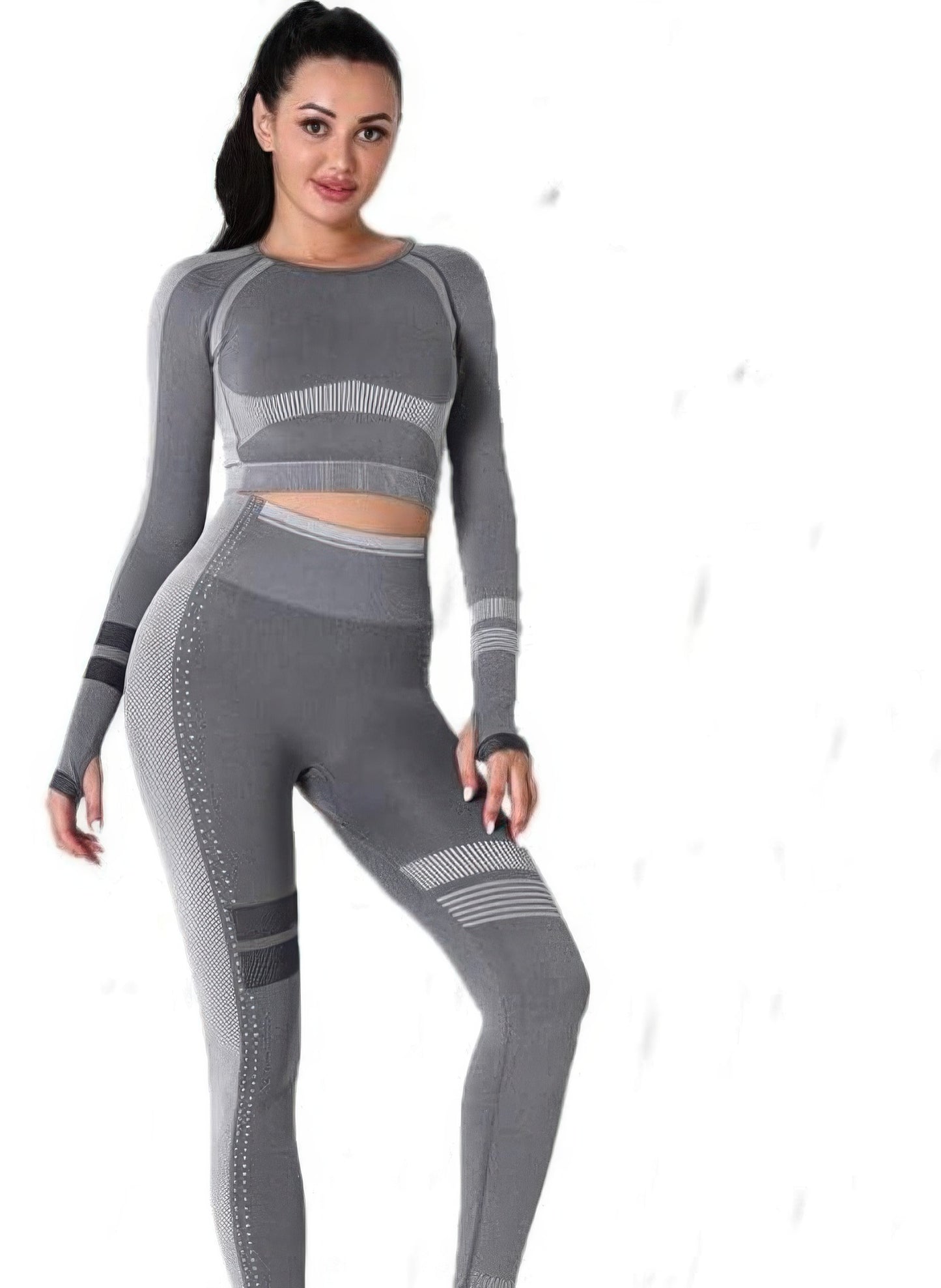 Toshe Women's Fashions seamless cropped top and matching athleisure pants set, in black, displayed on a model for activewear style.