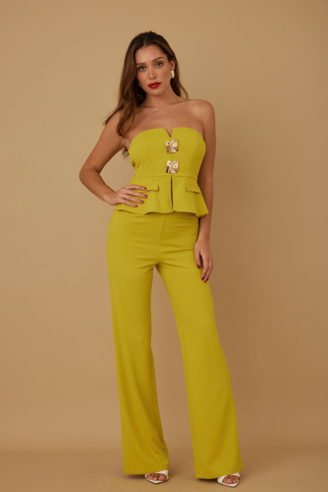 Scrunched golden stone strapless top and skirt set by Toshe Women's Fashions, featuring a stylish and fitted design.