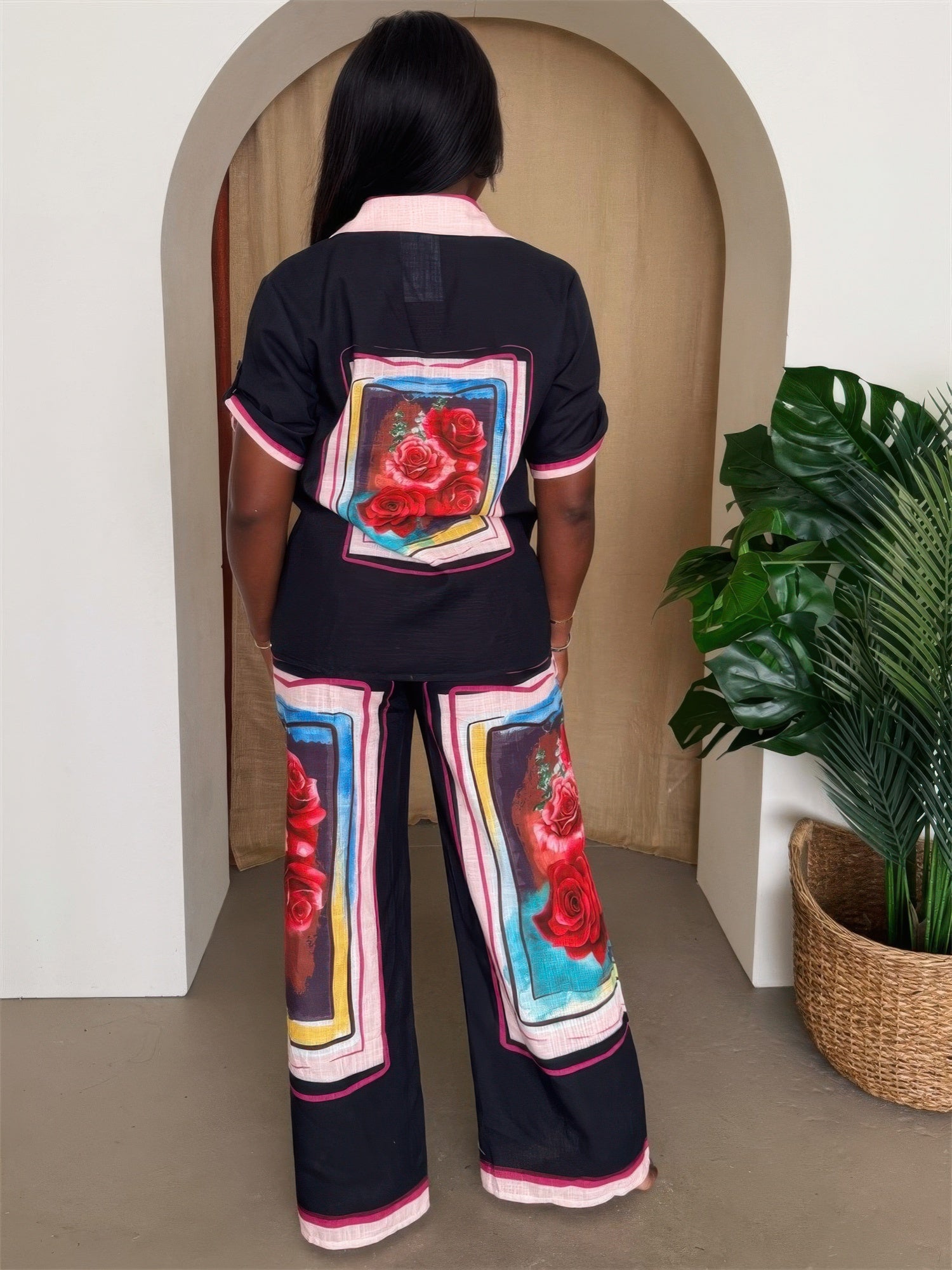 Toshe Women's Fashions Midnight Bloom print resort pants set with matching top, lightweight and stylish for warm weather.