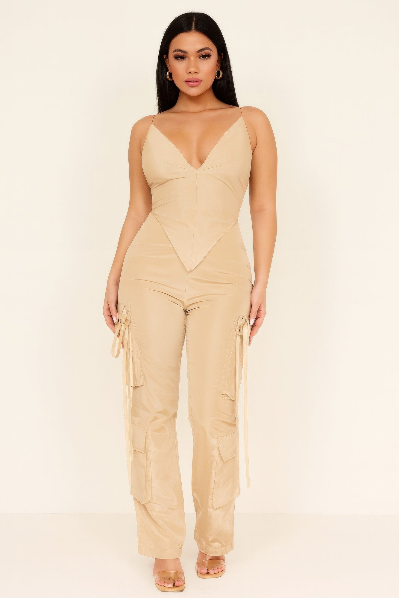 V cut cargo pants by Toshe Women's Fashions, featuring a relaxed fit, multiple pockets, and V-shaped waistband detail.