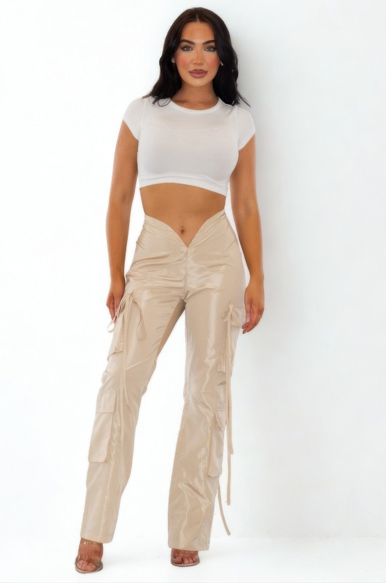 V cut cargo pants from Toshe Women's Fashions, featuring a stylish V-shaped waistband and multiple cargo pockets.