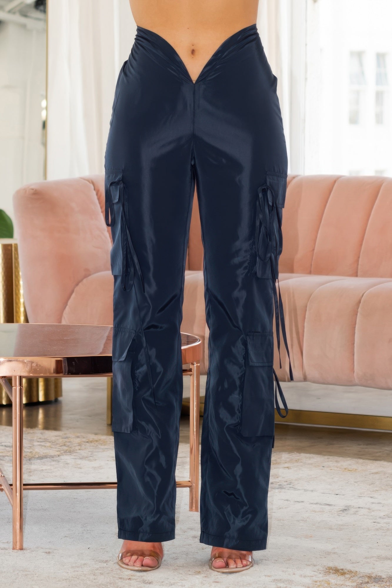 V cut cargo pants from Toshe Women's Fashions, featuring a stylish V-shaped waistband and multiple cargo pockets.