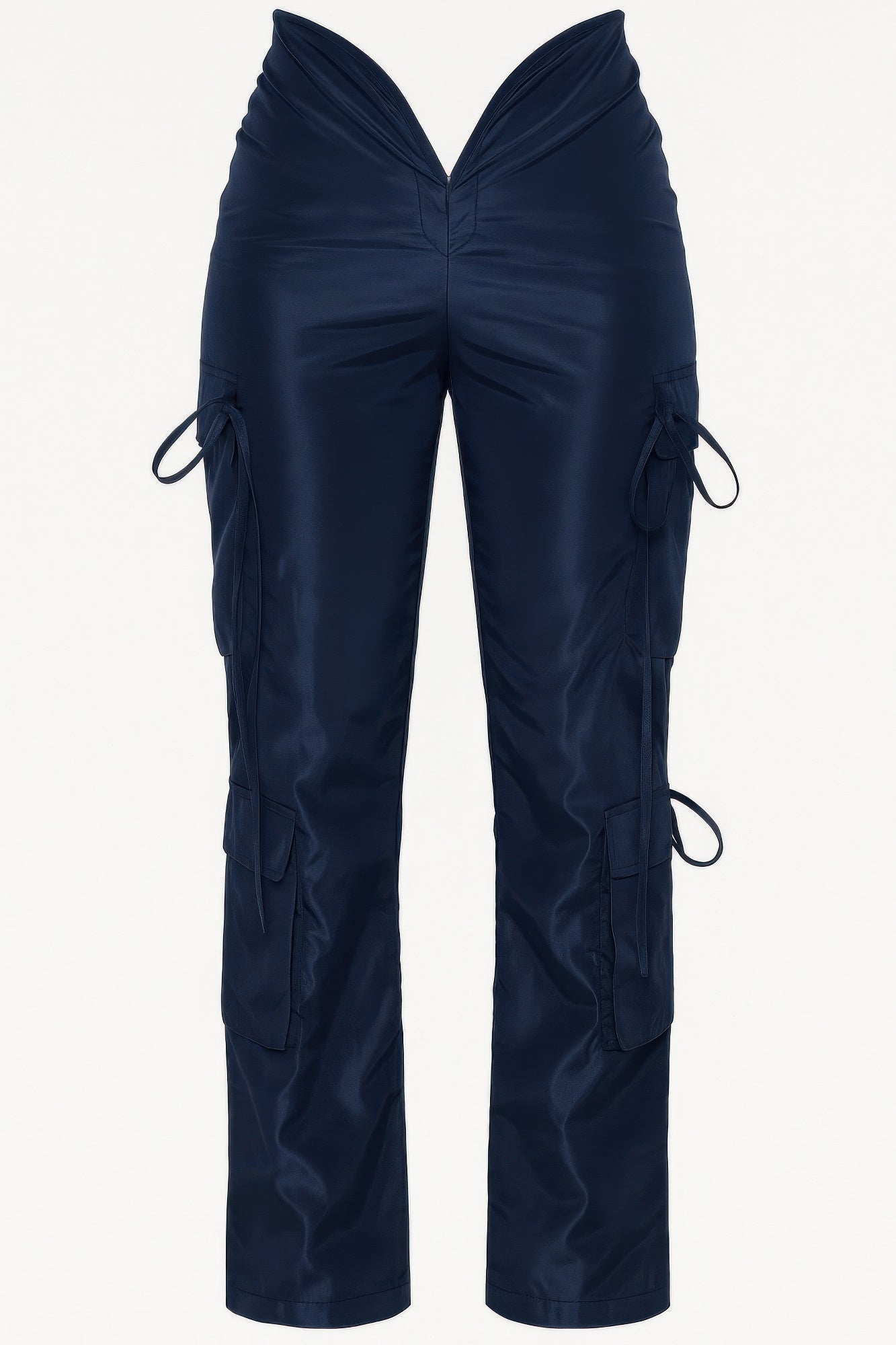 V cut cargo pants by Toshe Women's Fashions featuring a V-shaped waist design and multiple cargo pockets.