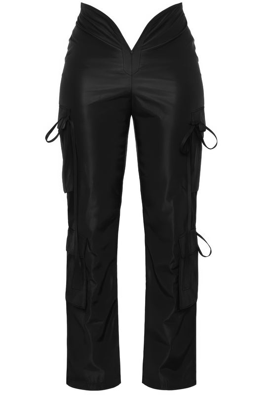 Toshe Women's Fashions V cut cargo pants with side pockets and relaxed fit, shown in dark olive color.