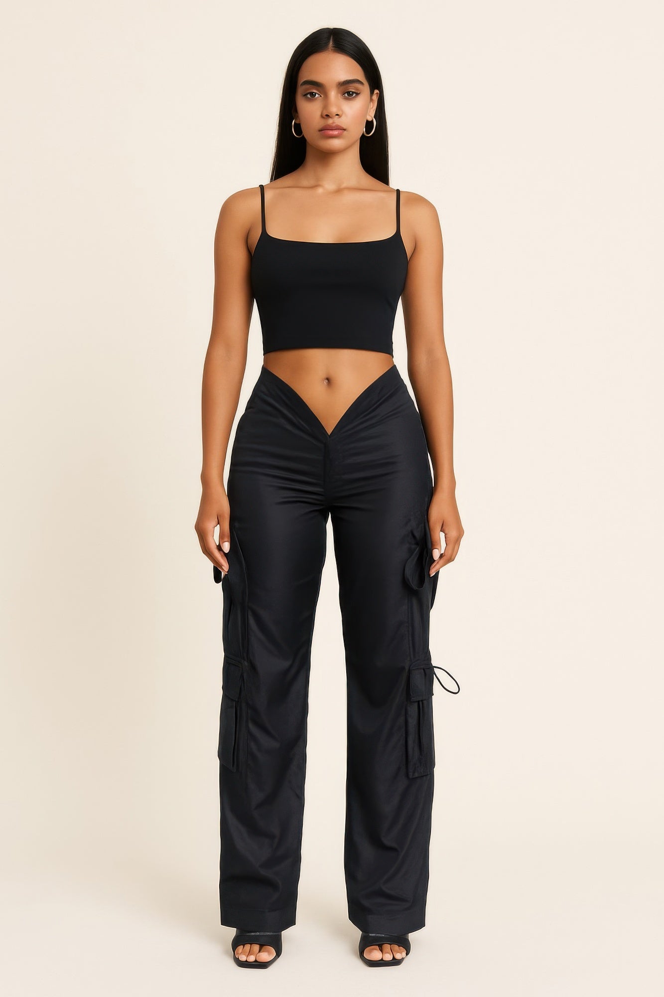 V cut cargo pants from Toshe Women's Fashions, featuring a stylish V-shaped waistband and multiple cargo pockets.