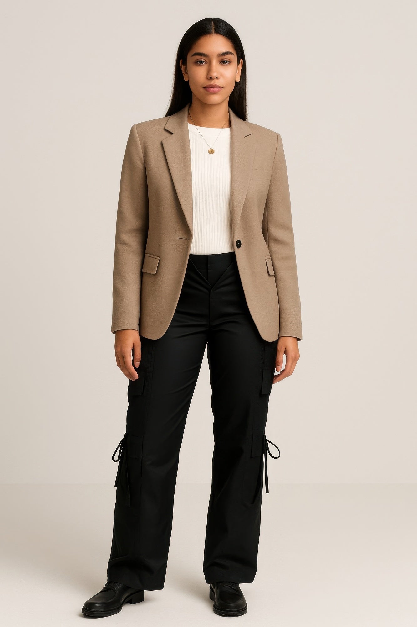 V cut cargo pants by Toshe Women's Fashions featuring a stylish V-shaped waist and multiple cargo pockets.