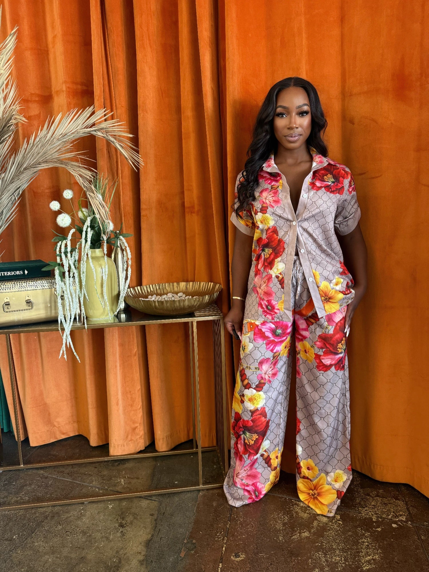 Tropical Muse button top and pants set by Toshe Women's Fashions, featuring vibrant tropical print and casual summer style.