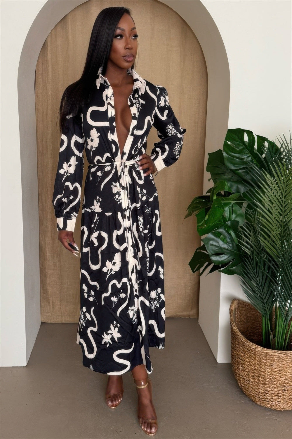 Botanic Maze Belted Shirt Dress by Toshe Women's Fashions, featuring a floral pattern, collared neckline, and belted waist.