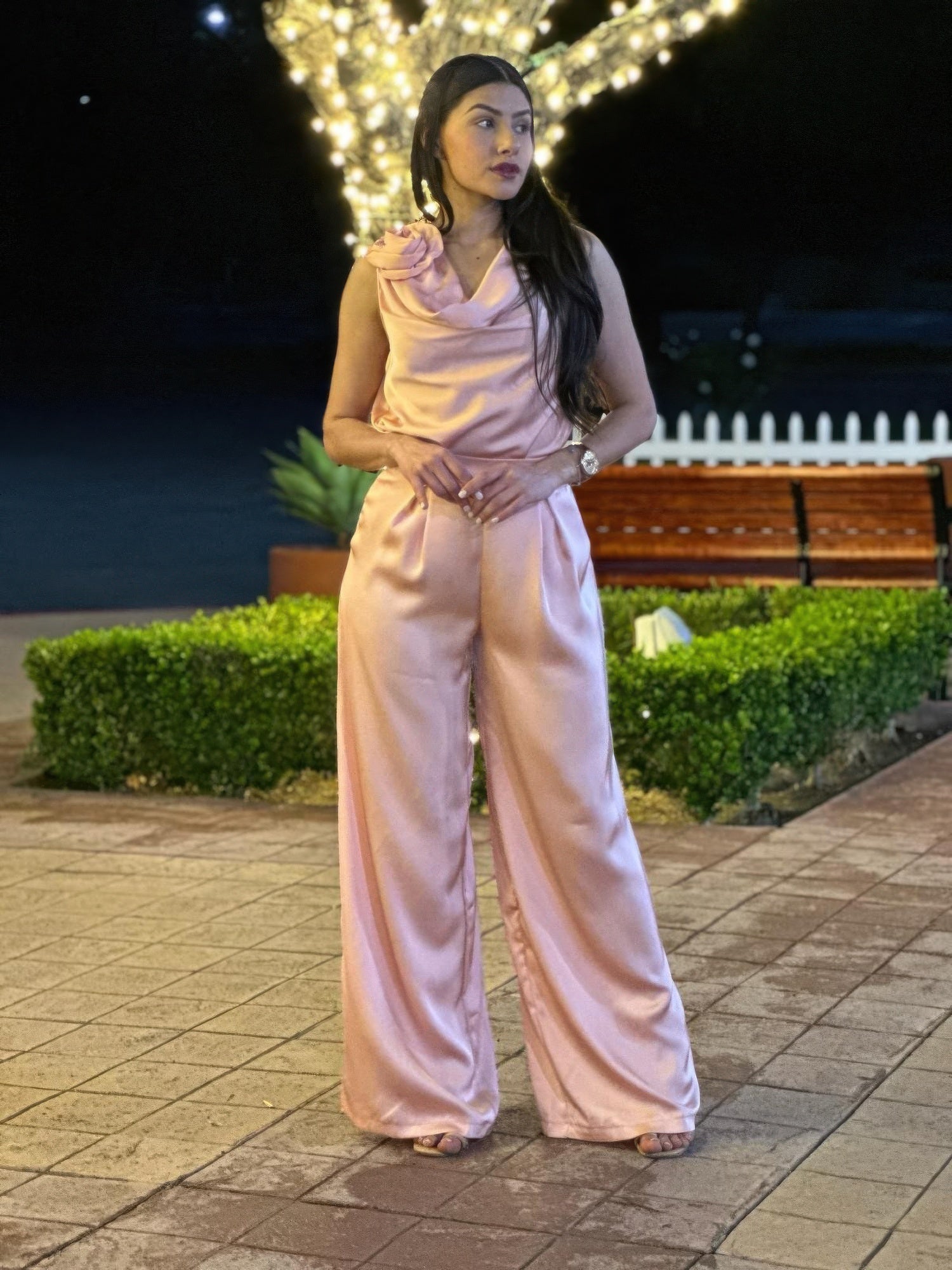 Satin wide-leg pants and sleeveless floral top set for women, stylish Toshe Women's Fashions ensemble with flowing fabric and vibrant flower pattern.