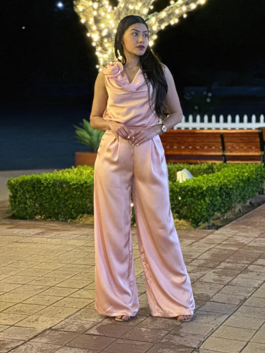 Satin wide-leg pants and sleeveless floral top set for women, stylish Toshe Women's Fashions ensemble with flowing fabric and vibrant flower pattern.