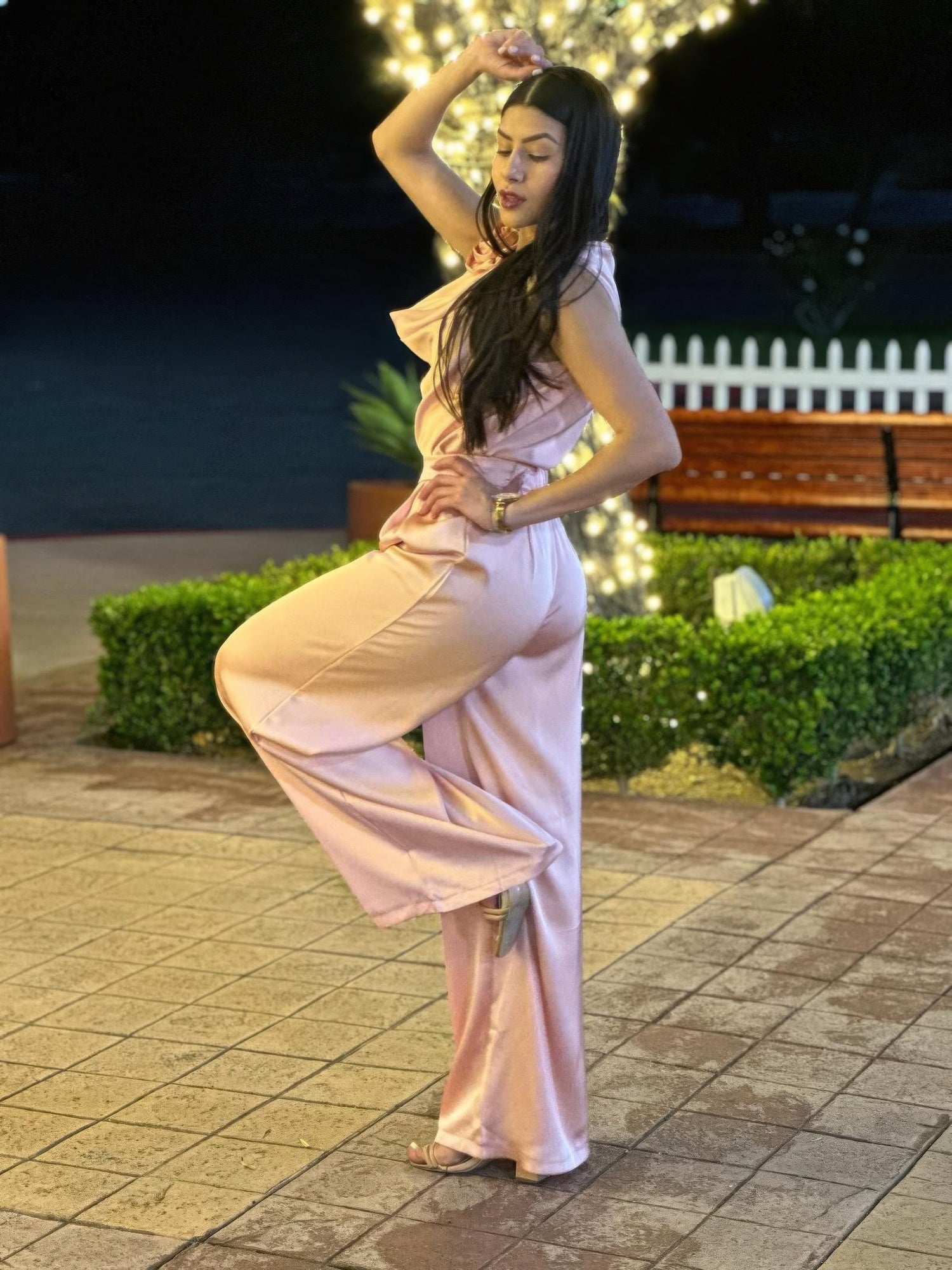 Satin wide-leg pants and floral sleeveless top set by Toshe Women's Fashions, shown in a stylish, coordinated outfit.