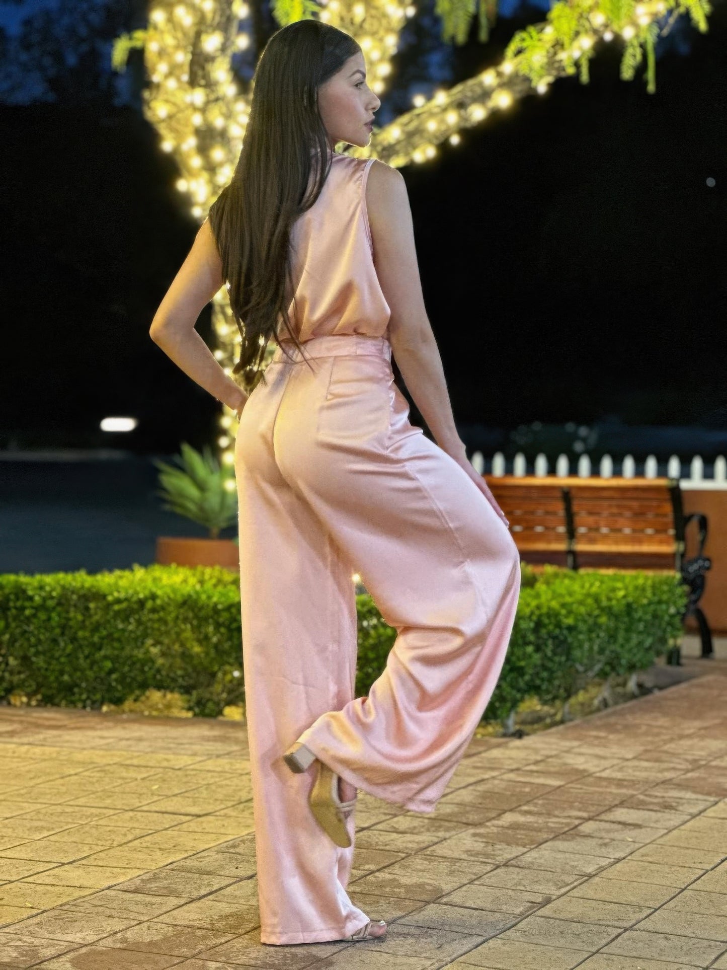 Satin wide-leg pants and floral sleeveless top set by Toshe Women's Fashions, shown on a model with a neutral background.