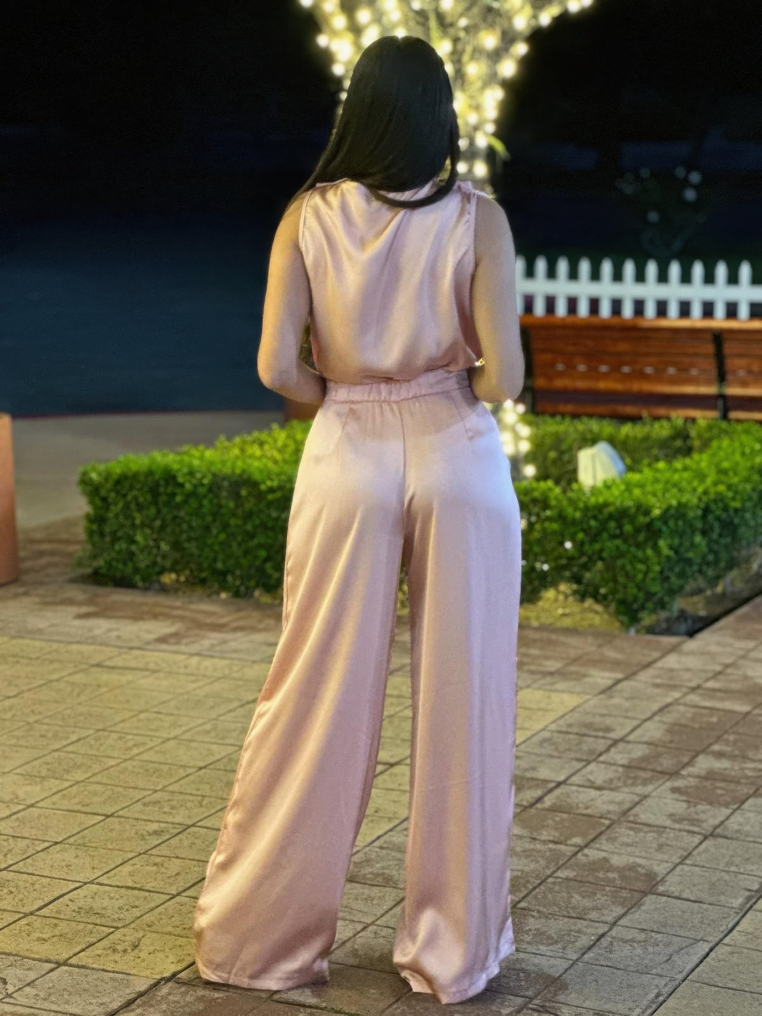 Satin wide-leg pants and sleeveless floral top set for women by Toshe Women's Fashions, styled together in the image.