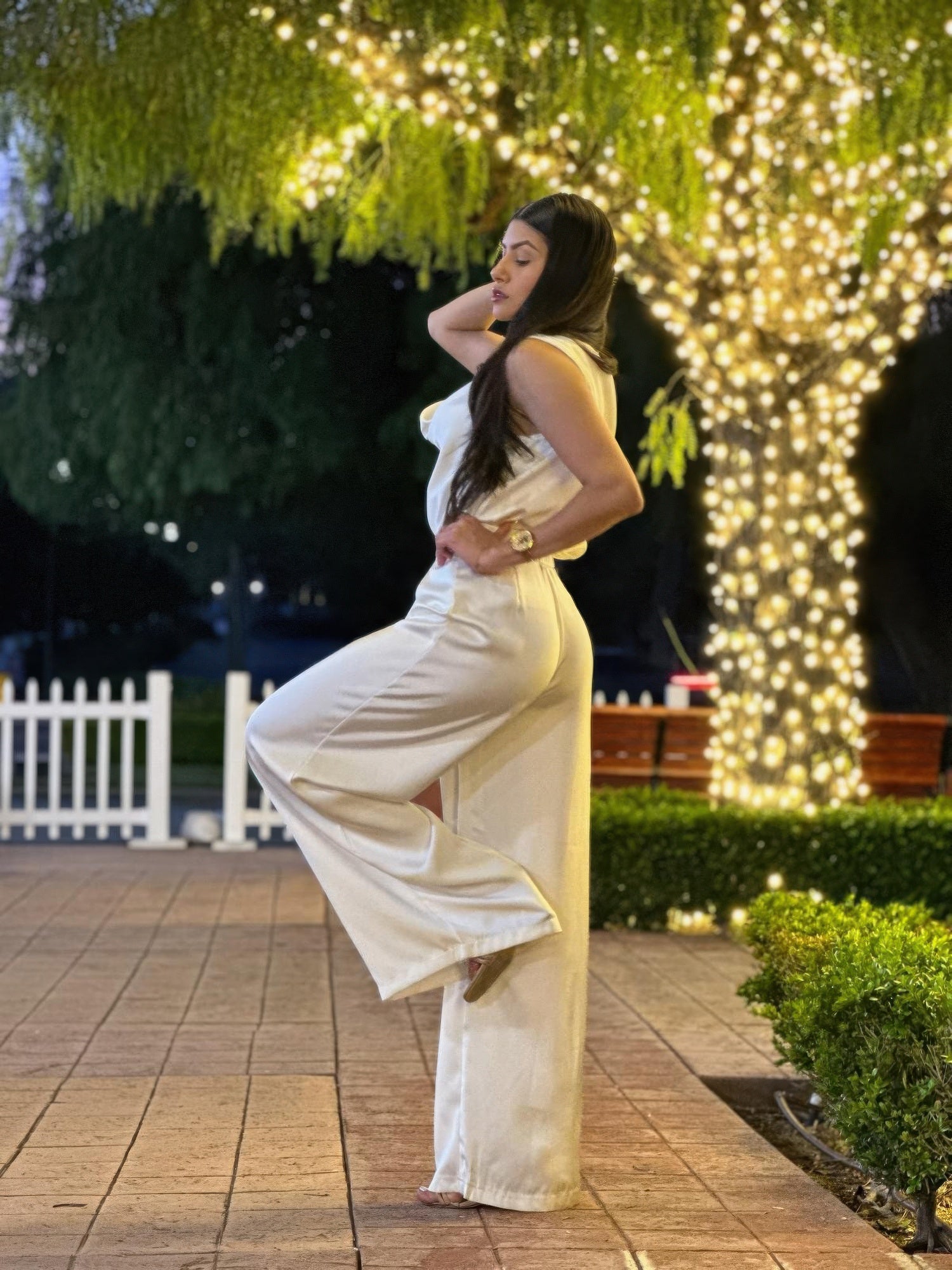 Satin wide-leg pants and flower sleeveless top set by Toshe Women's Fashions, featuring a stylish floral design and flowing fabric.