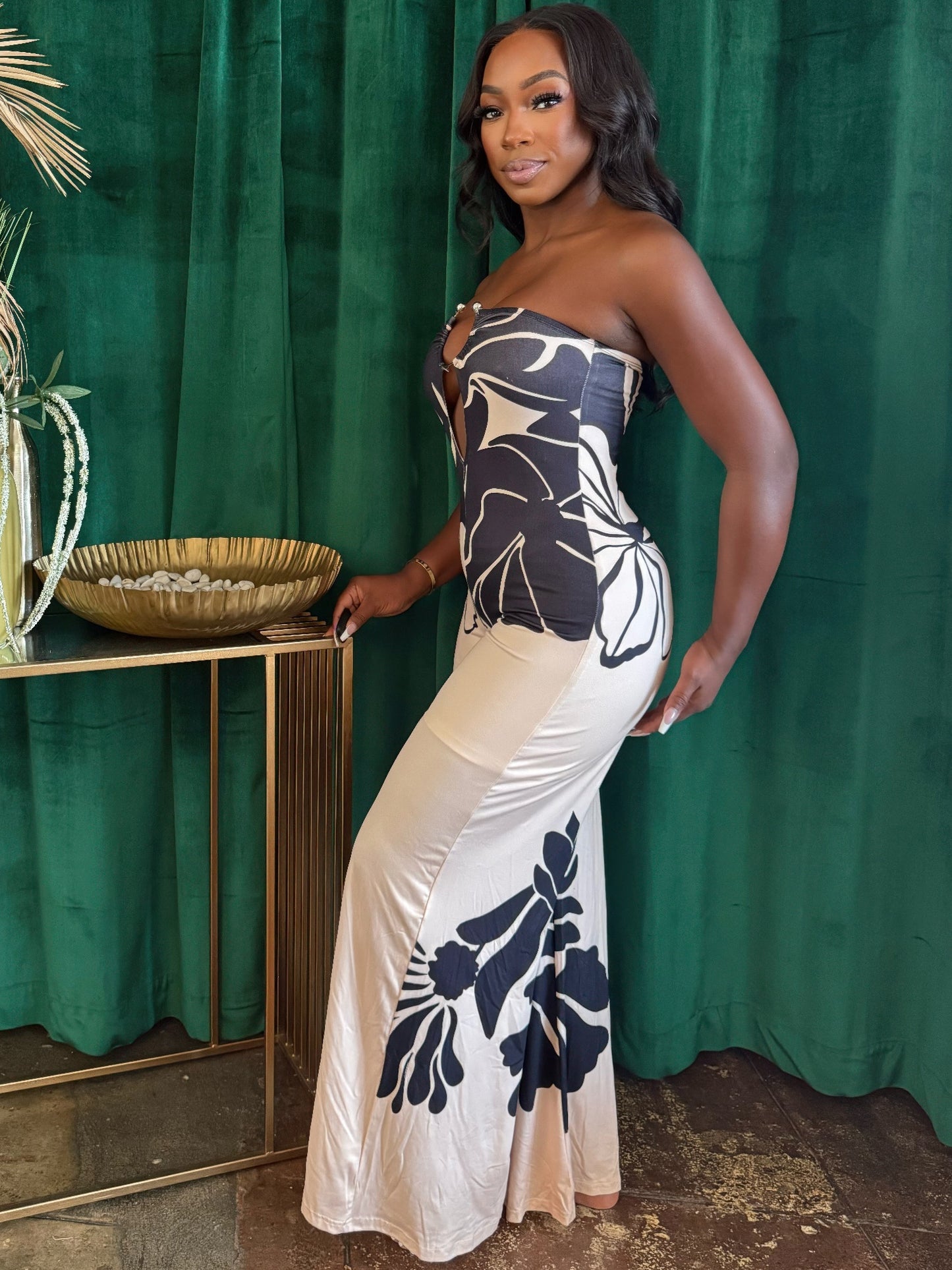 Toshe Women's Fashions Midnight Bloom halter jumpsuit with floral print and wide-leg design, front view on a white background.