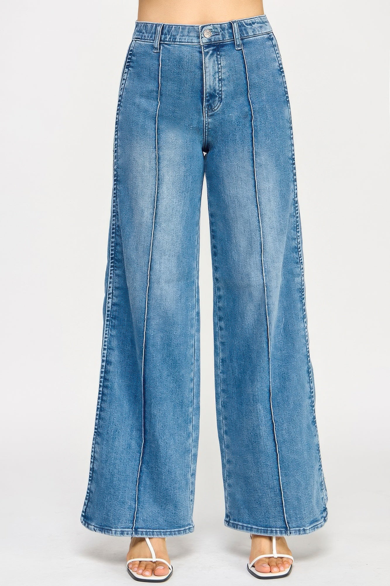 Toshe Women's Fashions high rise wide-leg pants with tummy control, shown on a model, in a neutral color.