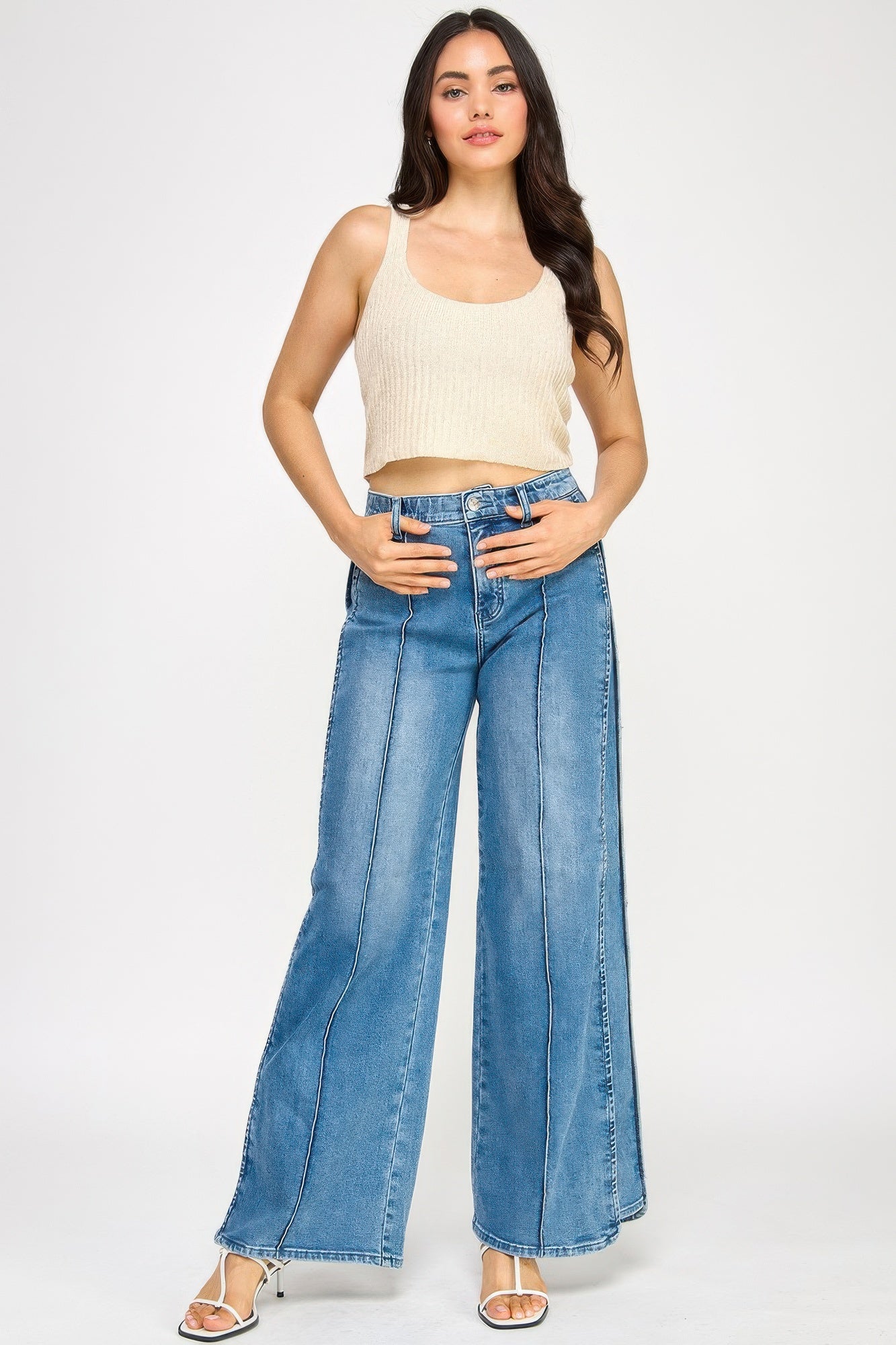 Toshe Women's Fashions high rise wide-leg pants with tummy control, shown in a neutral color on a model.