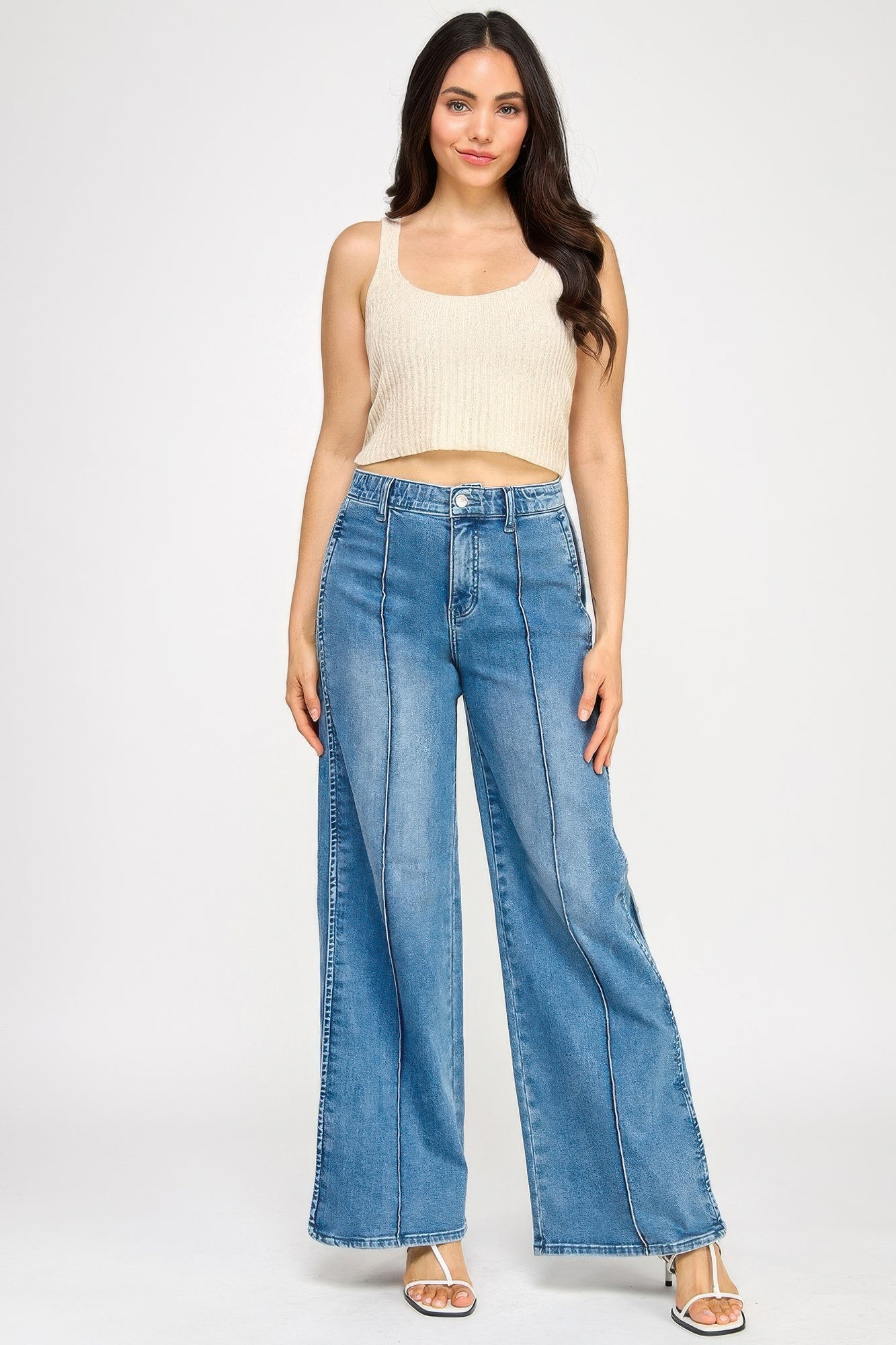 Toshe Women's Fashions high rise wide-leg pants with tummy control, black fabric, front view showing fit and style details.