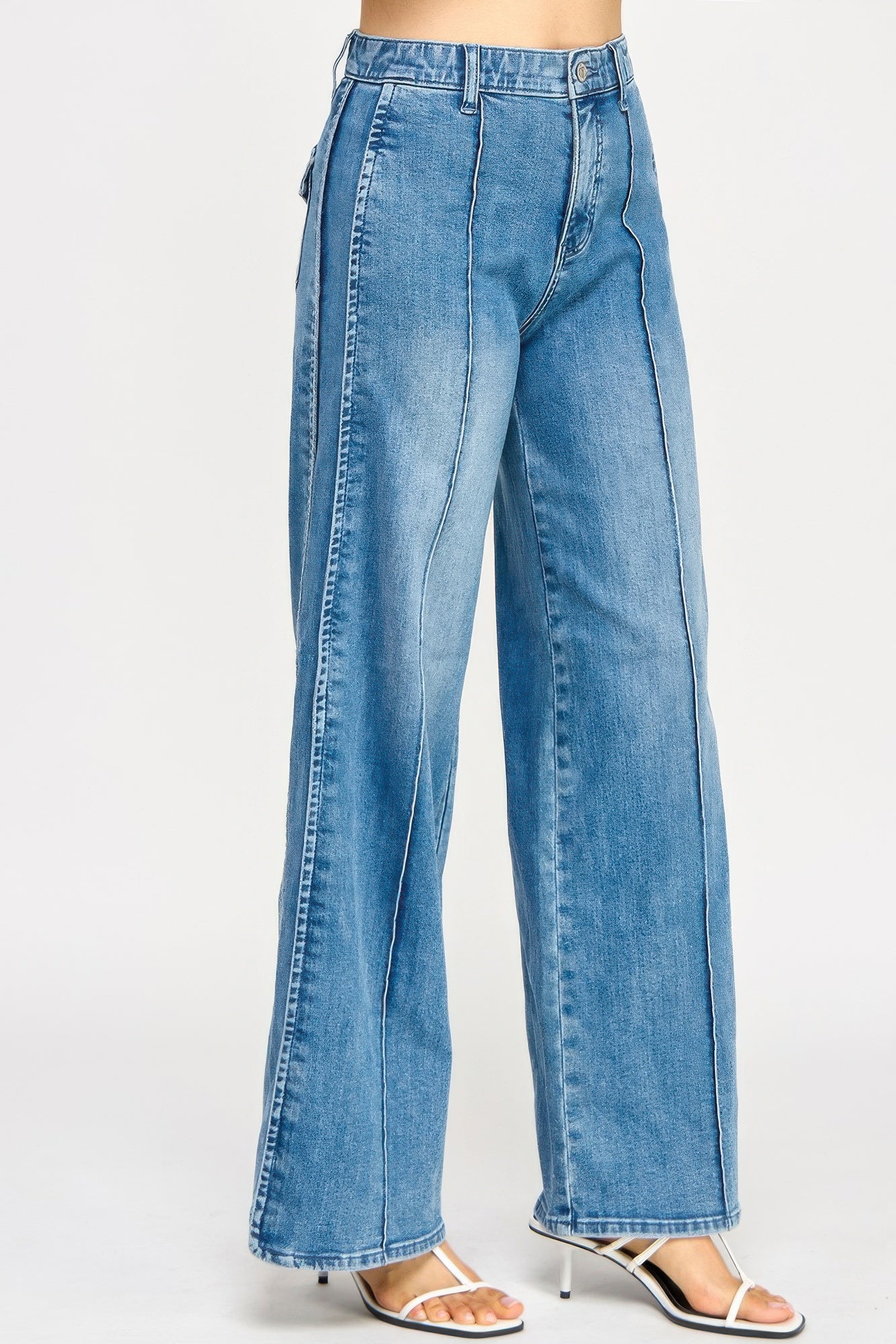 Toshe Women's Fashions high rise wide-leg pants with tummy control, shown in black fabric on a model.