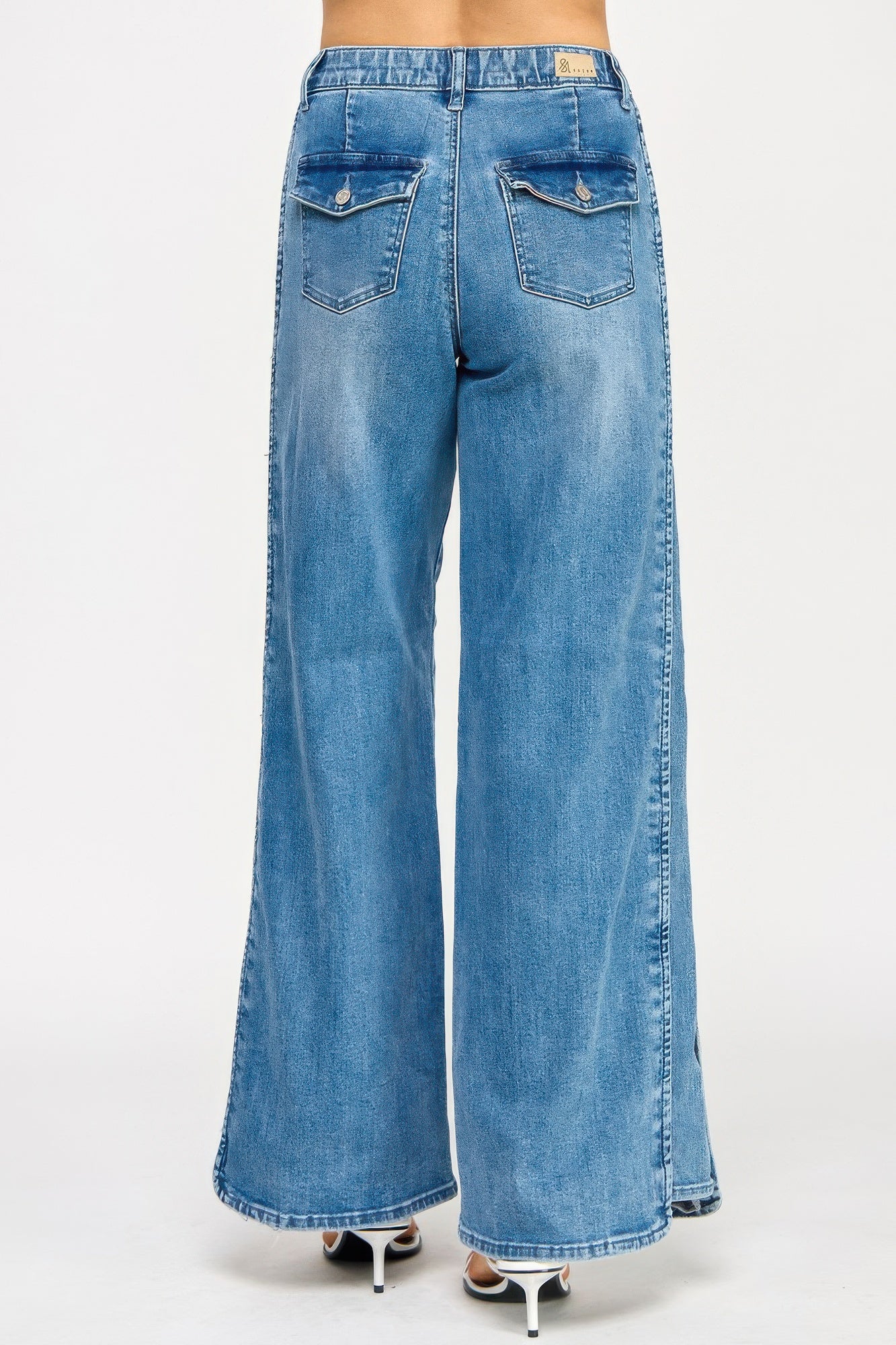 Toshe Women's Fashions high rise wide-leg pants with tummy control, shown in dark denim fabric, relaxed fit and stylish design.
