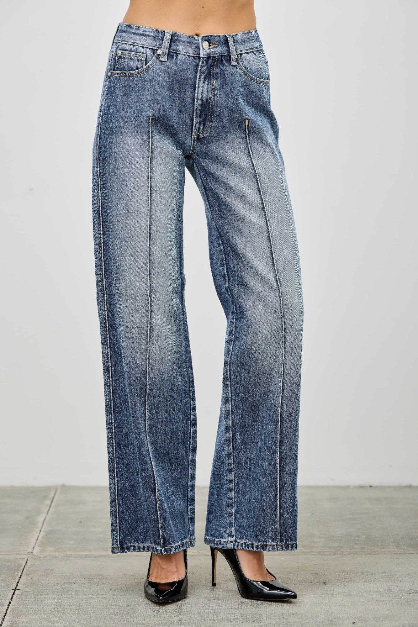 Mid-rise straight pants with pintuck details from Toshe Women's Fashions, shown in a neutral fabric on a model.