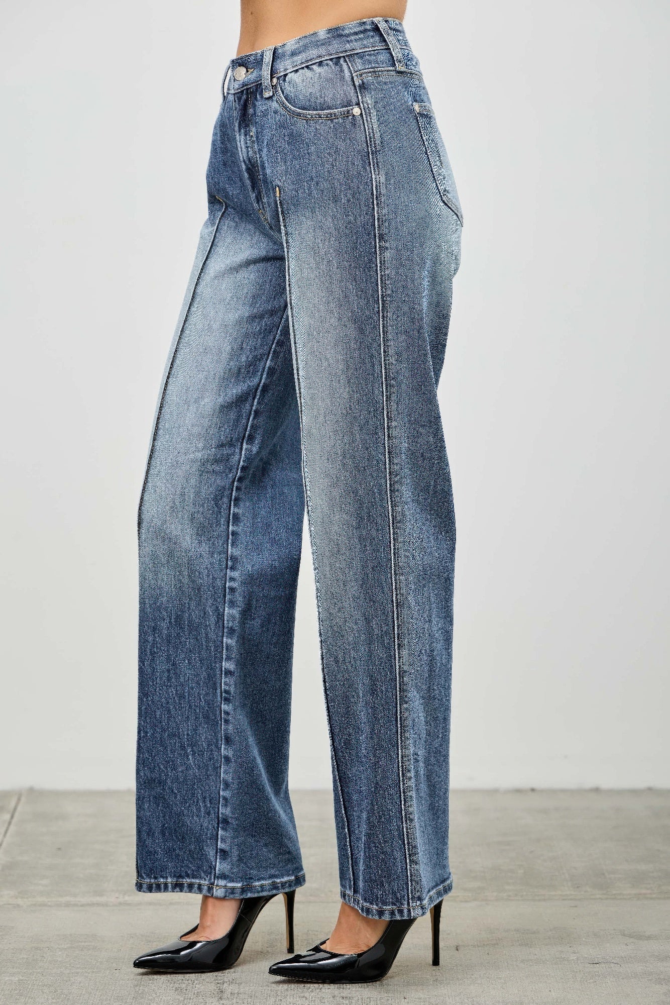 Toshe Women's Fashions mid-rise straight jeans with pintuck detailing, shown in a natural pose on a white background.