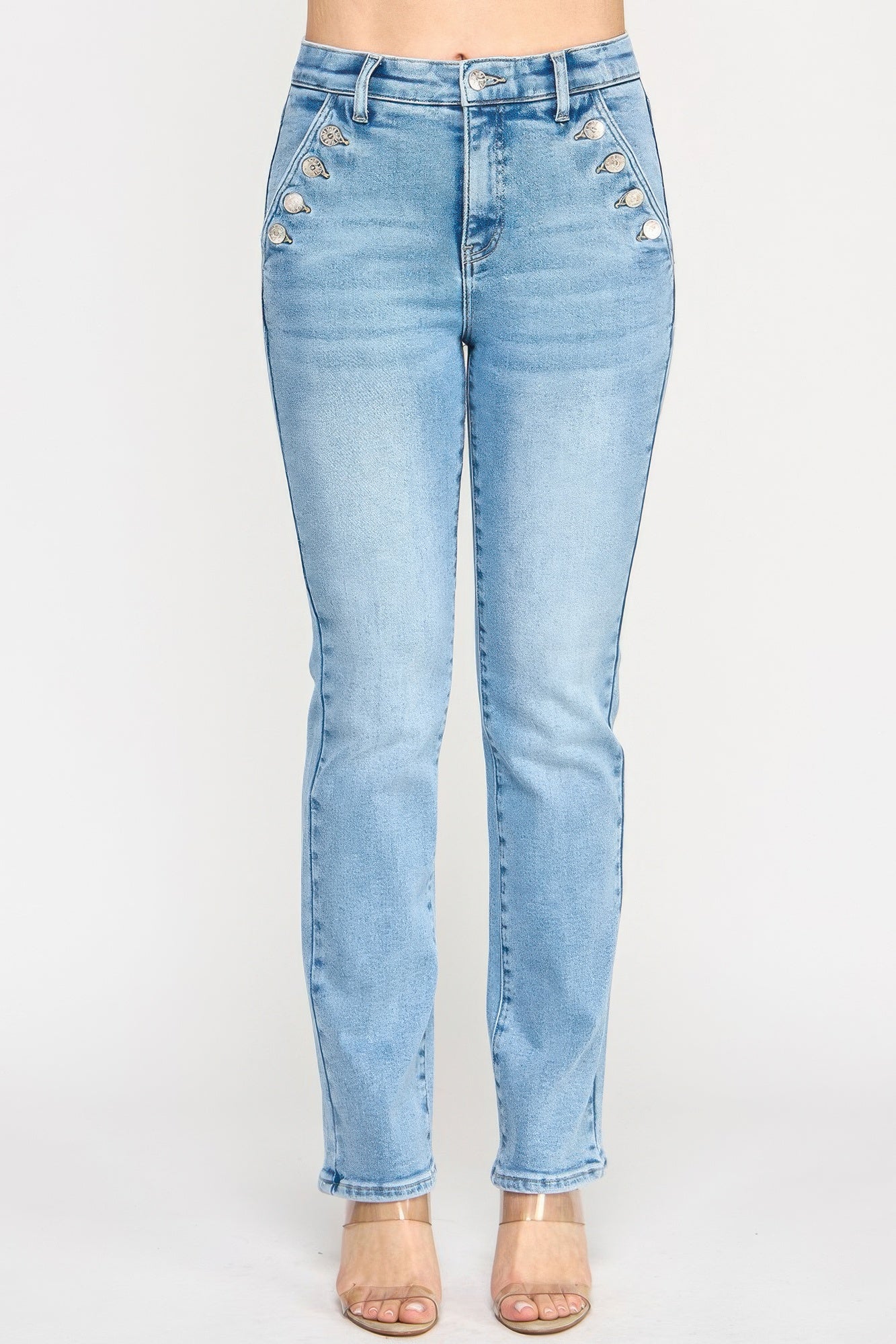 Toshe Women's Fashions high-rise straight jeans with button pockets, showcasing a classic denim style and fitted silhouette.