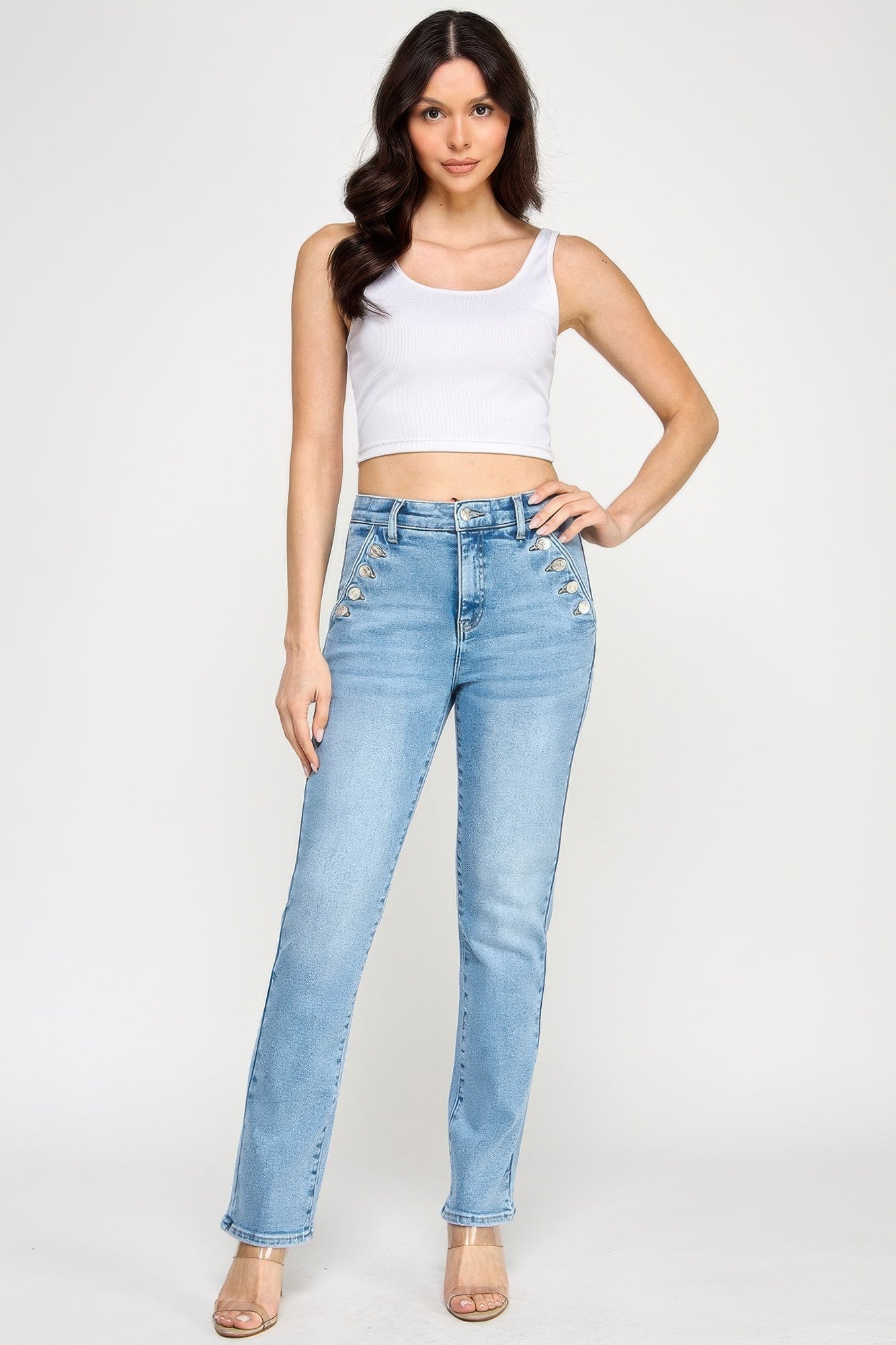 Toshe Women's Fashions high rise straight jeans with button pockets, casual denim style, in a classic blue wash.