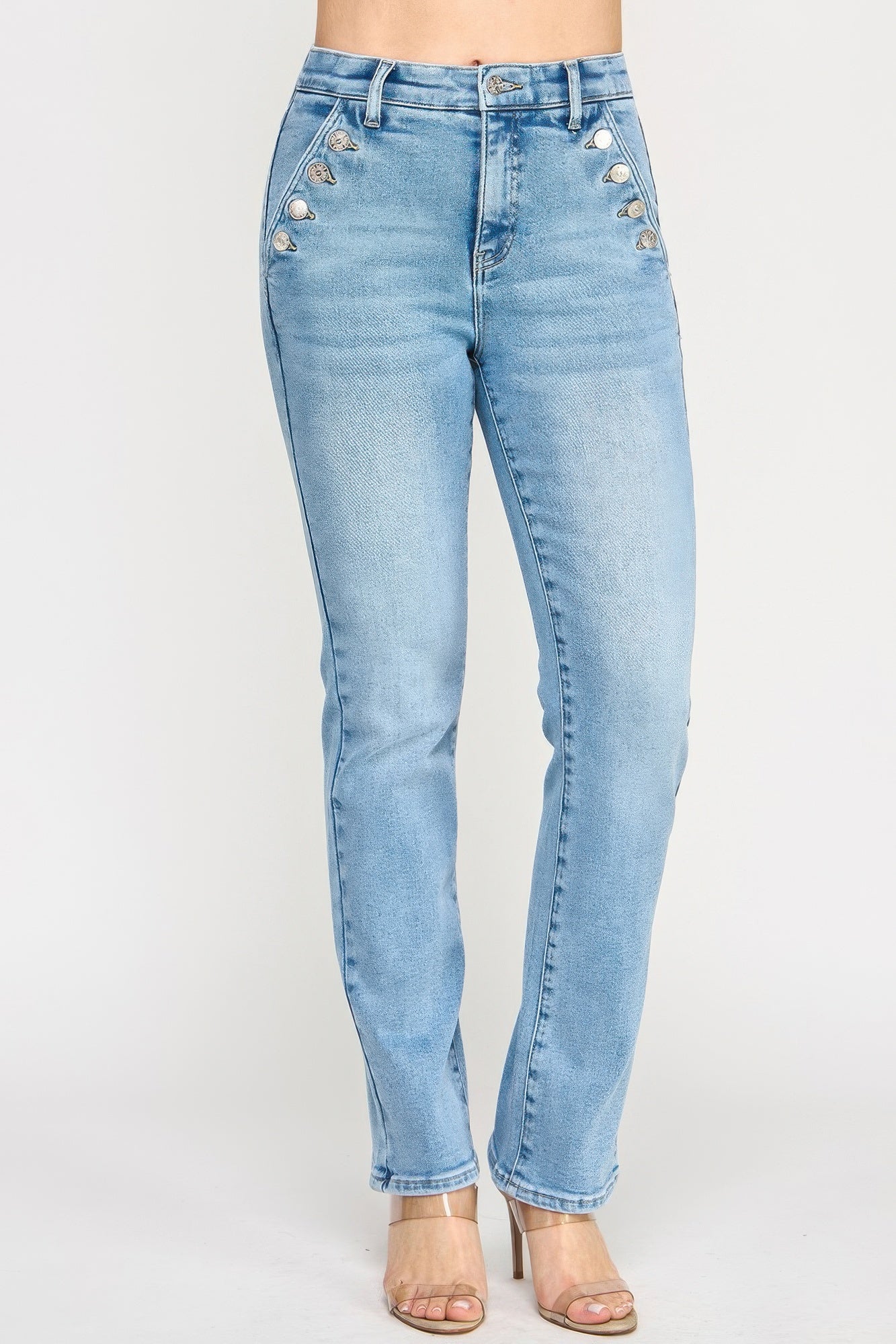 Toshe Women's Fashions high rise straight jeans with button pockets and classic denim wash, front view.
