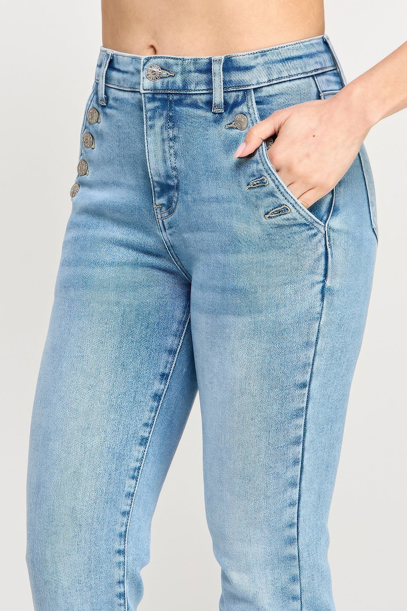 Toshe Women's Fashions high rise straight jeans with button pockets, stylish denim pants featuring a fitted waist and classic design