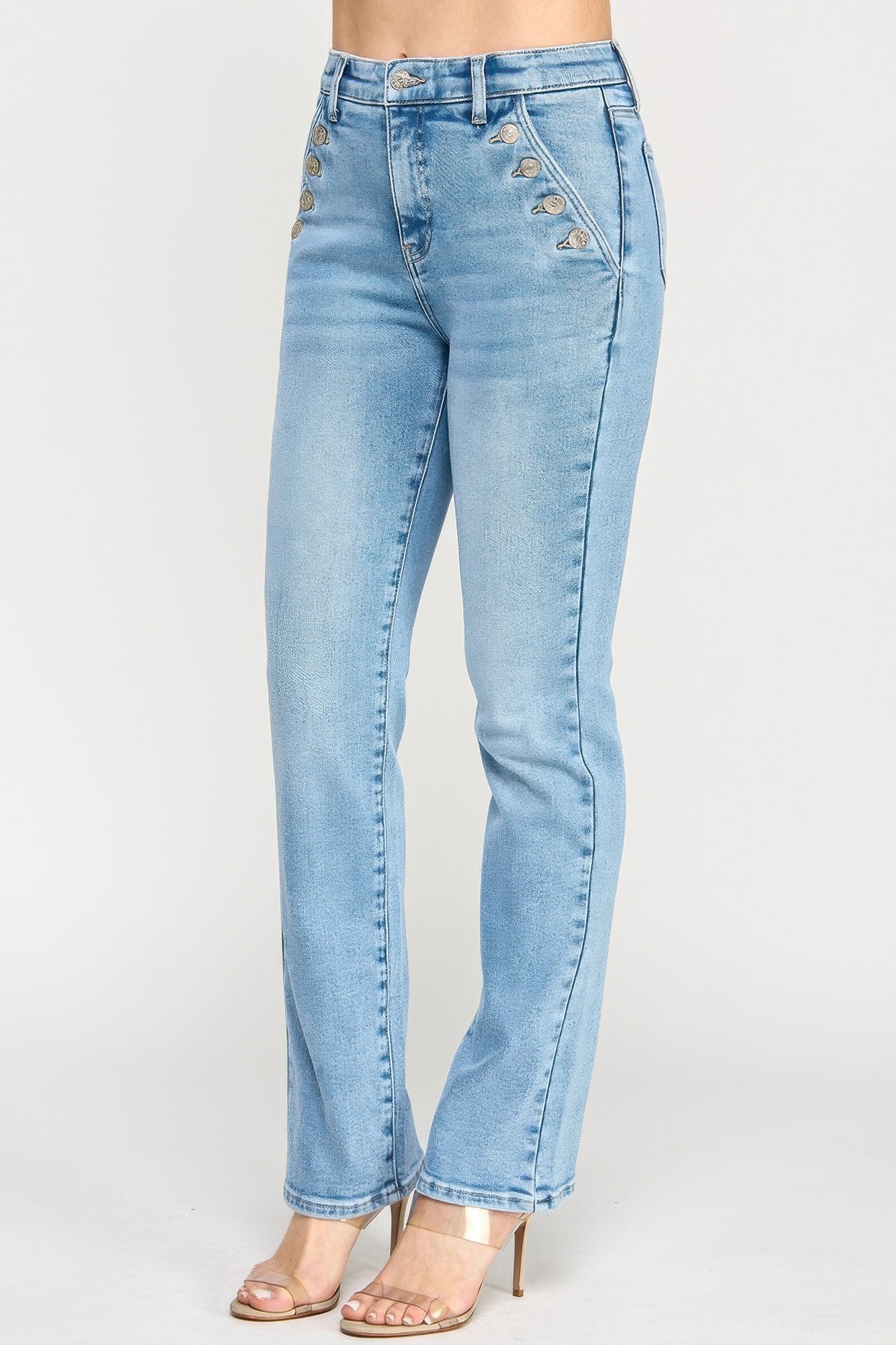 Toshe Women's Fashions high rise straight jeans with button pockets, front view showing classic denim style and fit