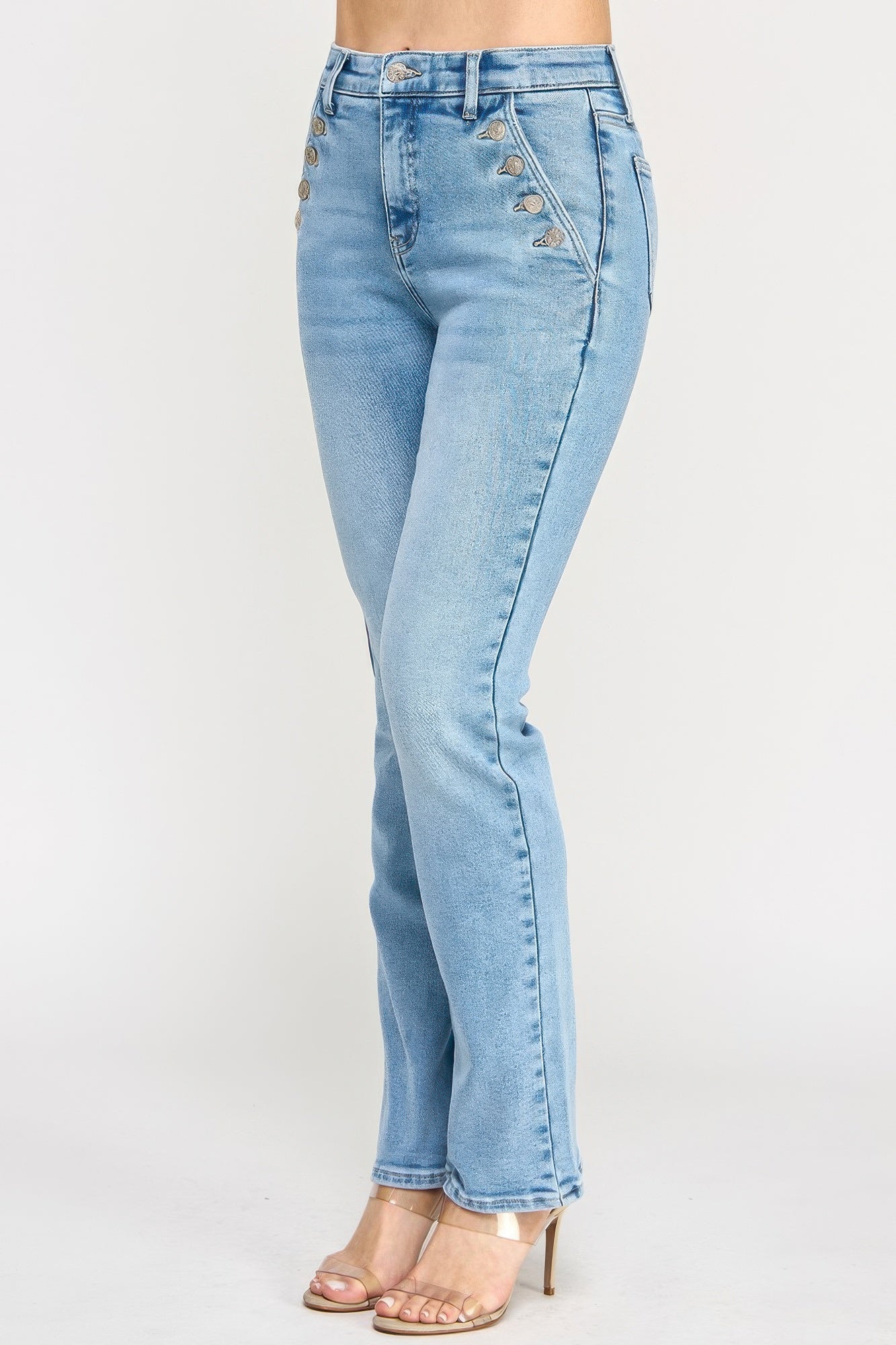 Toshe Women's Fashions high rise straight jeans with button pockets, shown on a model, in a casual denim style.