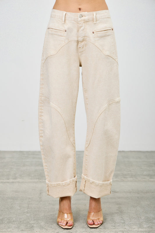 High rise colored Western barrel jeans for women by Toshe Women's Fashions, showcasing vibrant denim with a relaxed fit.