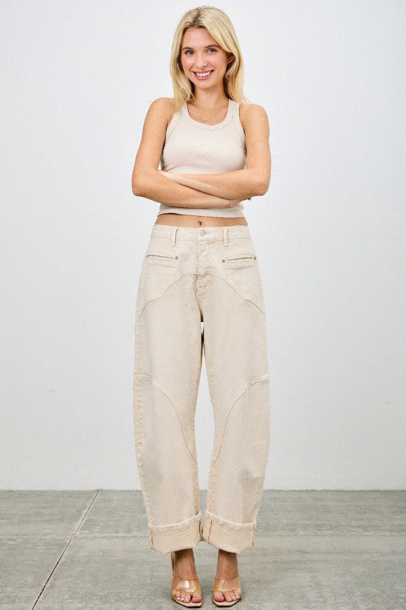 Colorful high-rise western barrel jeans for women from Toshe Women's Fashions, shown in vibrant shade, with a fitted waist and classic style.