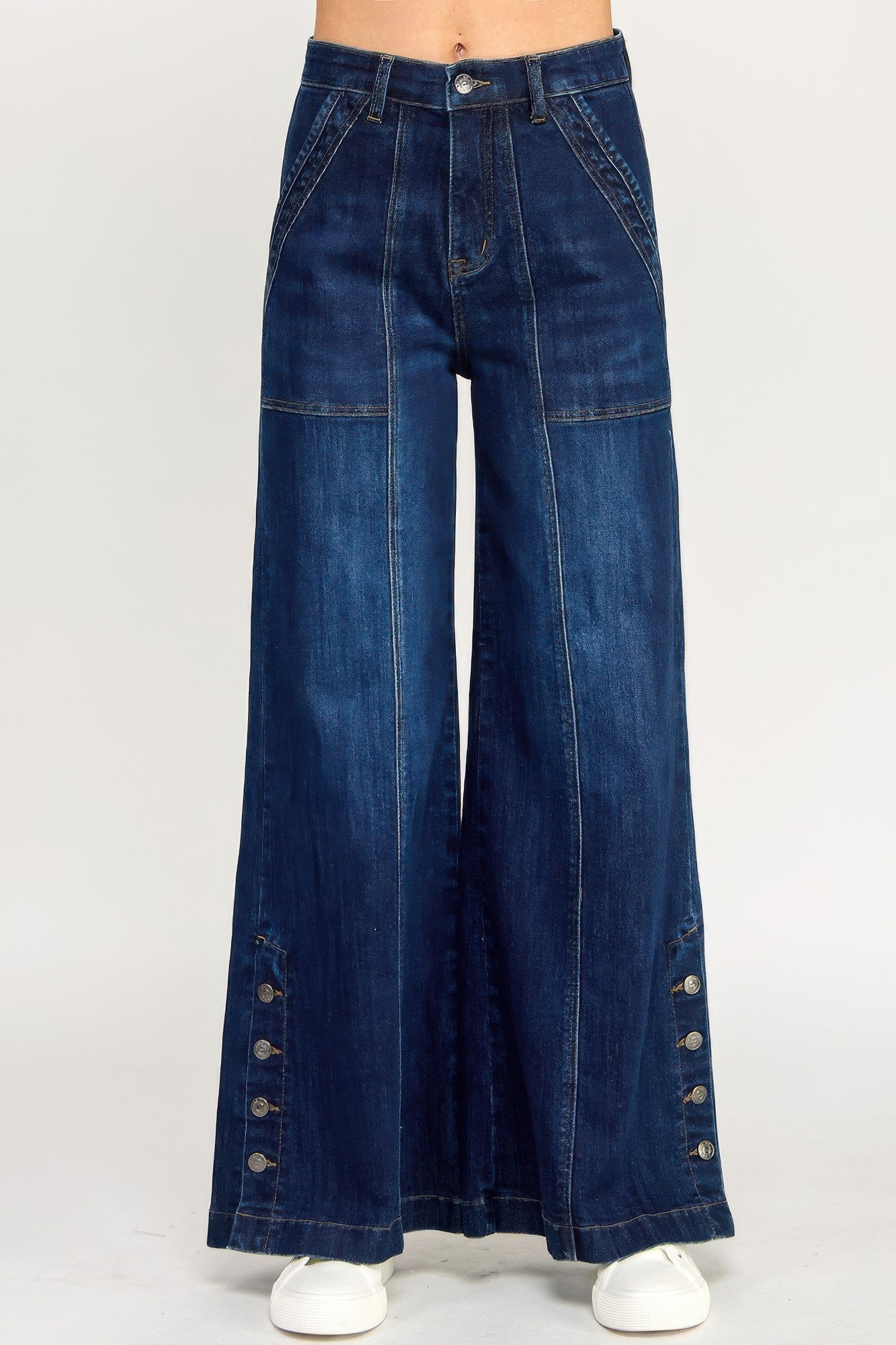 Toshe Women's Fashions high rise wide-leg pants with button slit detail, showcasing the flowy fit and stylish design.