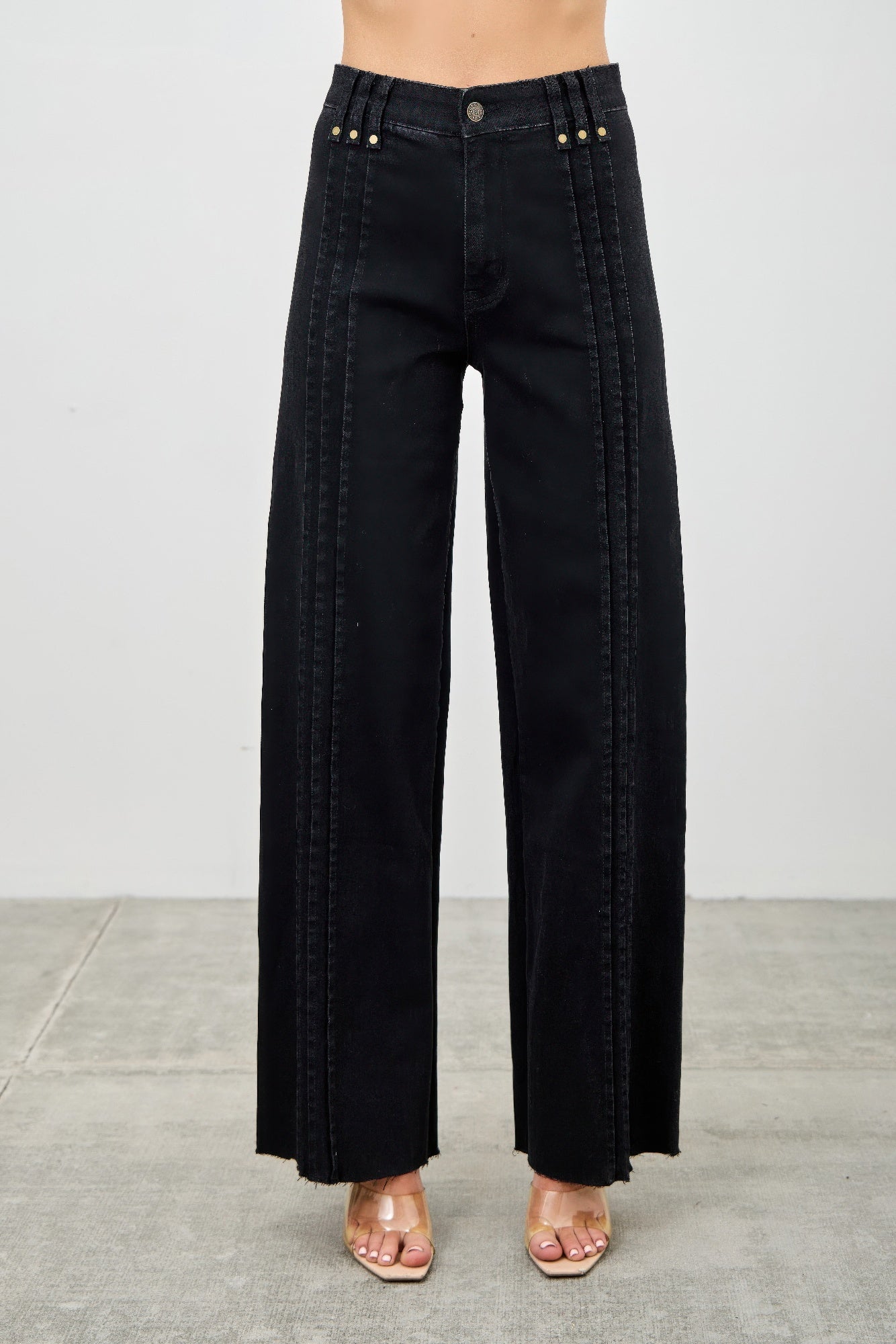 Toshe Women's Fashions high rise straight jeans with front line details, shown in a front view.